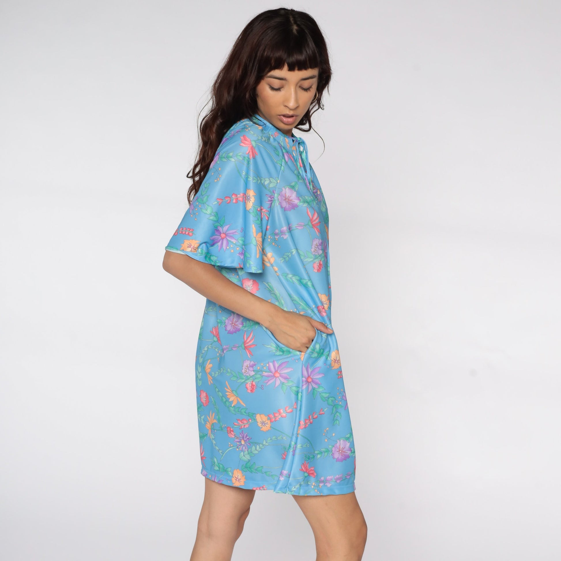 70s Blue Floral Mini Shift Dress Flutter Sleeve Front Zip Lounge Small