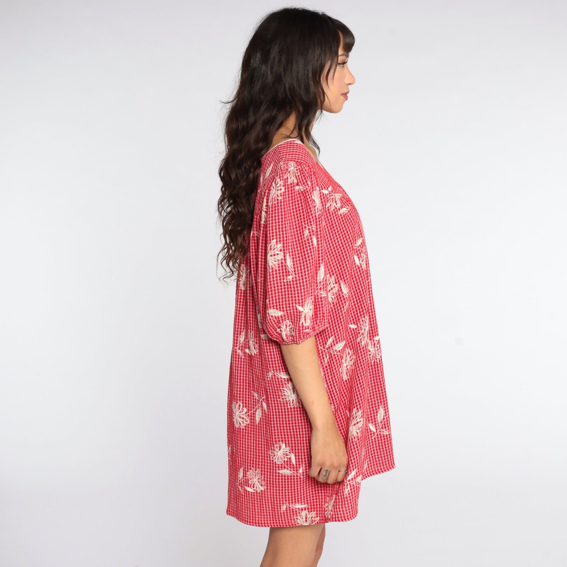 80s Red Checkered Floral Mini Dress Puff Sleeve Shift Cut Large