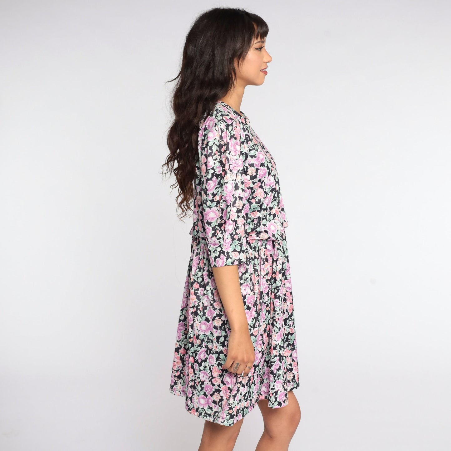 80s Floral Mini Dress Purple Pink Puff Sleeve High Waist Medium Large