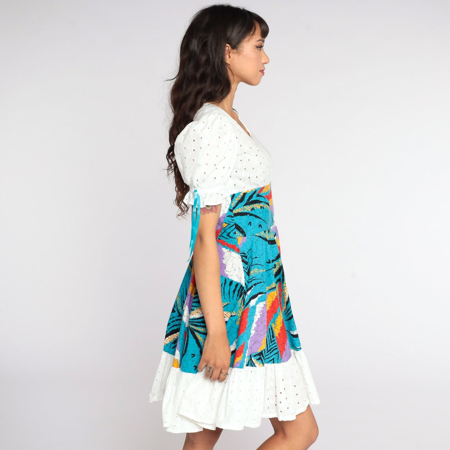 70s Tropical Jungle Print Mini Dress Puff Sleeve Eyelet Lace Empire Waist Small