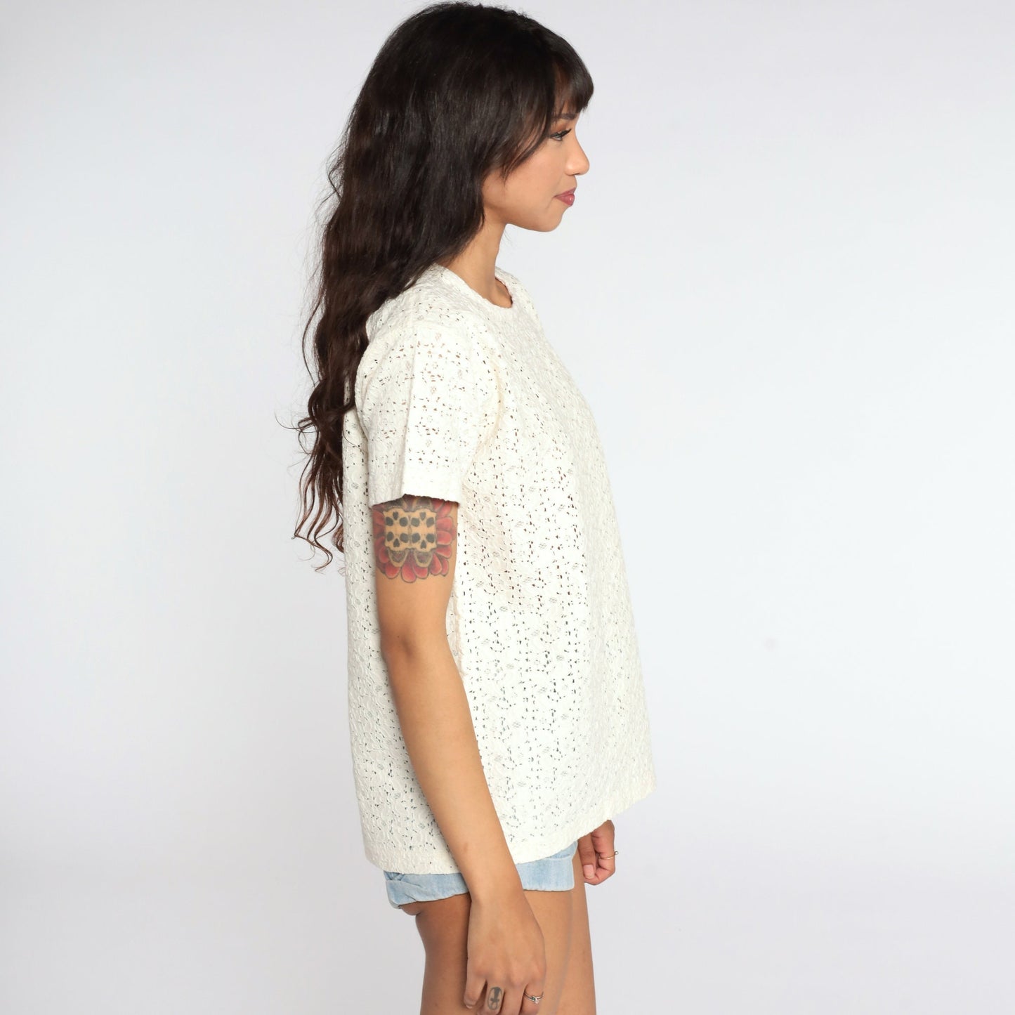 80s Sheer Cream Lace Blouse Short Sleeve Floral Cotton Nylon Medium