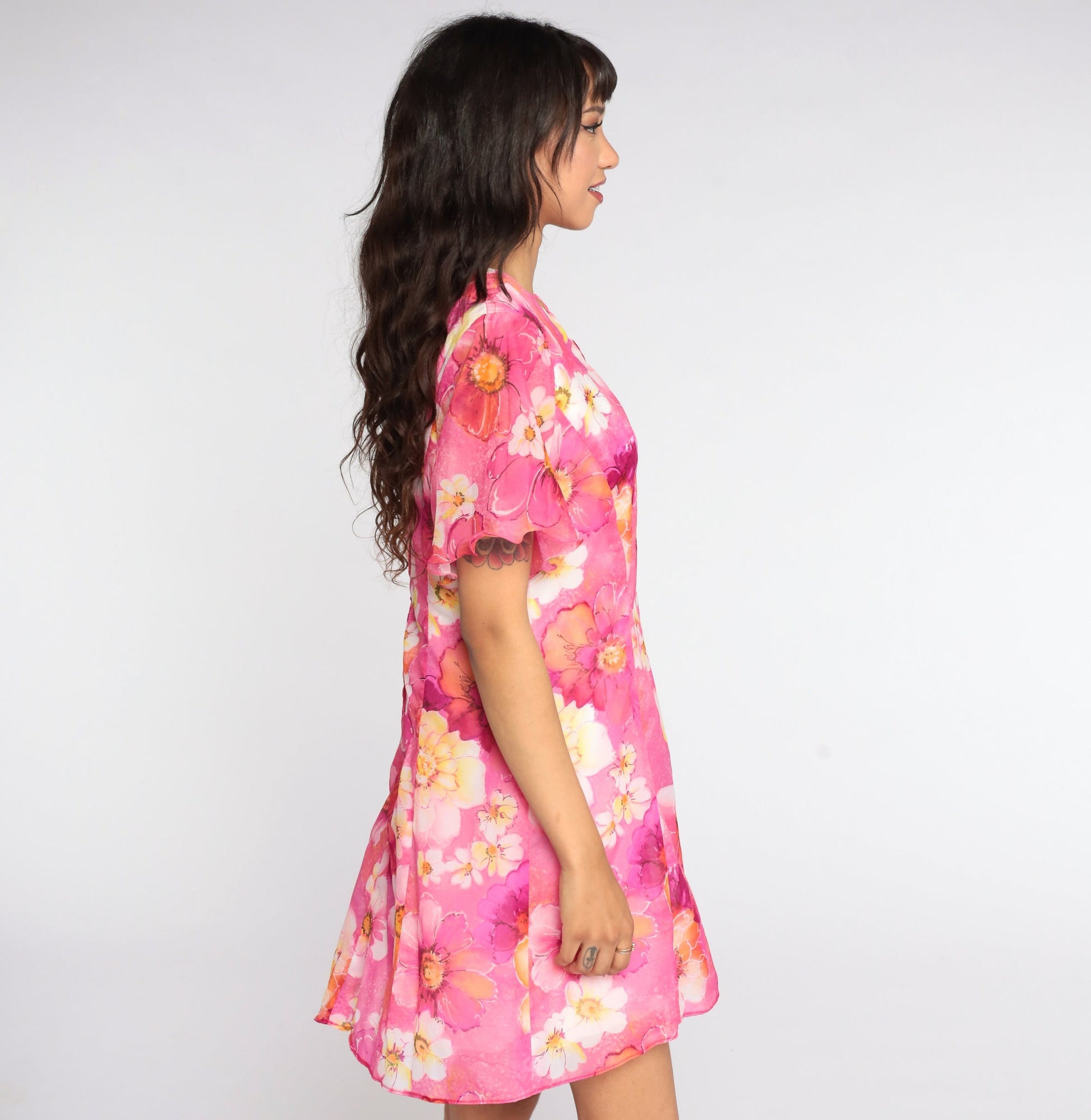 70s Pink Floral Mini Dress Flutter Sleeve Shift Dress Large 12