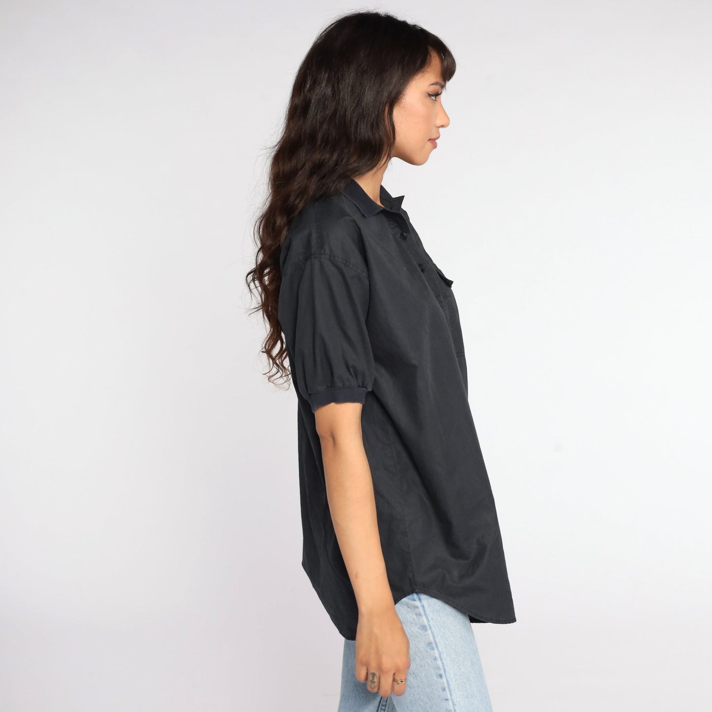 80s Black Polo Shirt Half Button Up Collared Cotton Blend Large