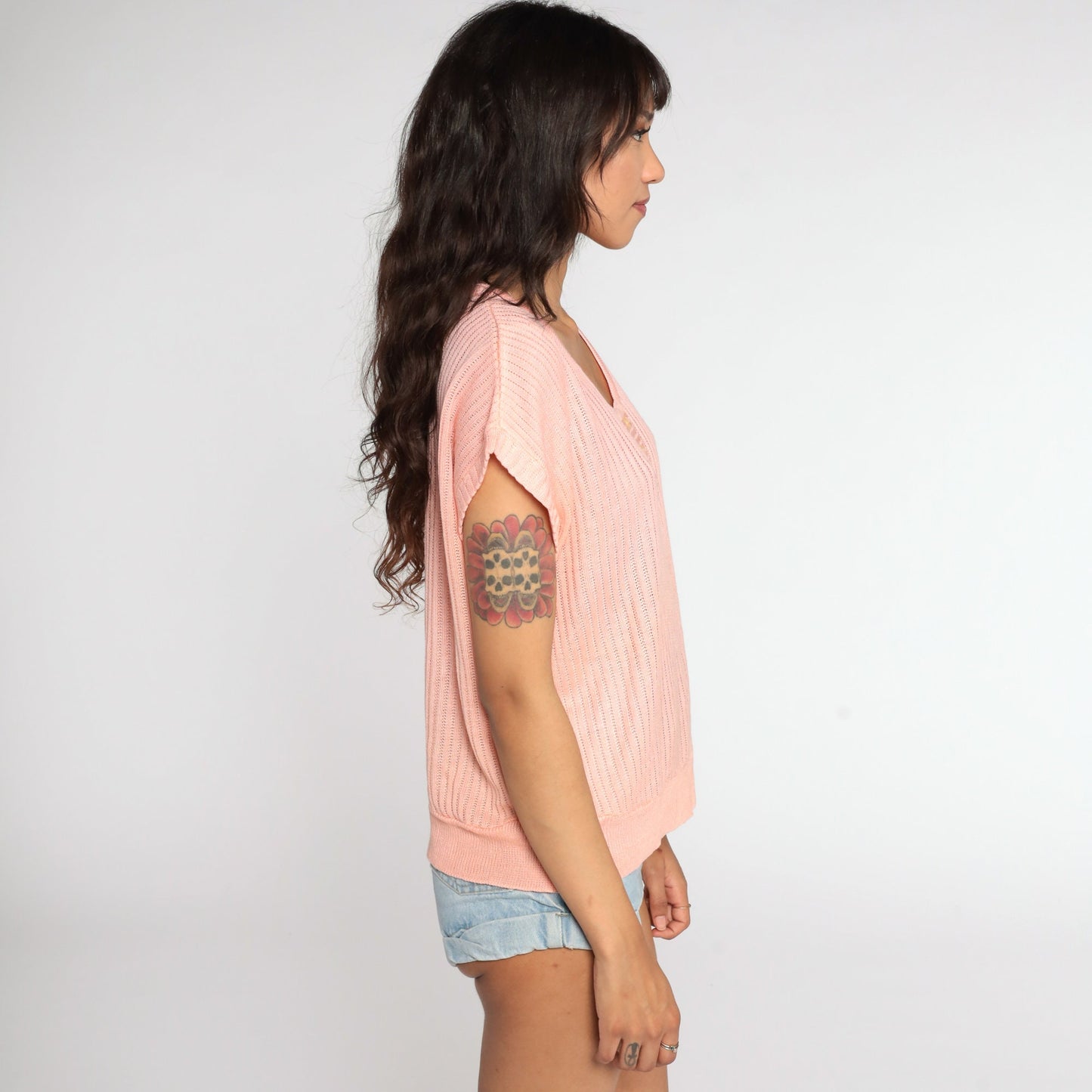80s Peach Knit Sweater Top Short Sleeve Ribbed Slouchy Large
