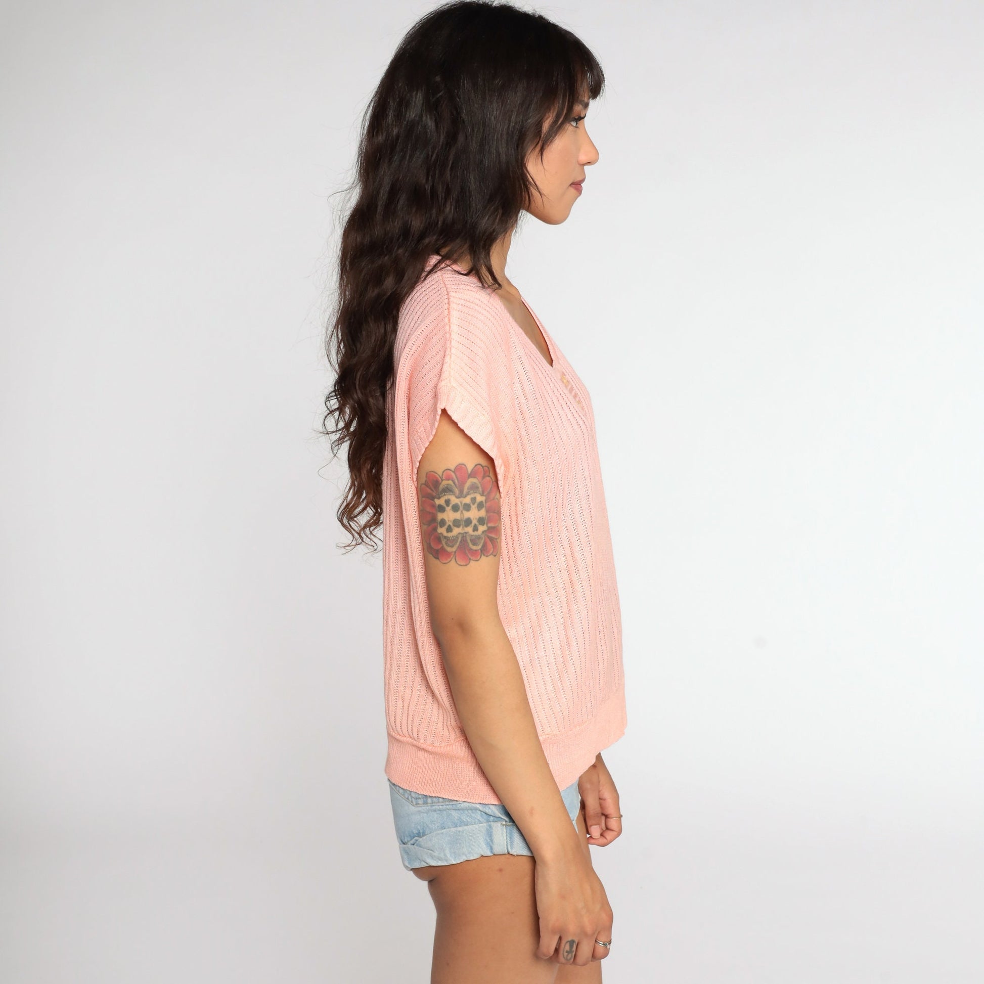 80s Peach Knit Sweater Top Short Sleeve Ribbed Slouchy Large