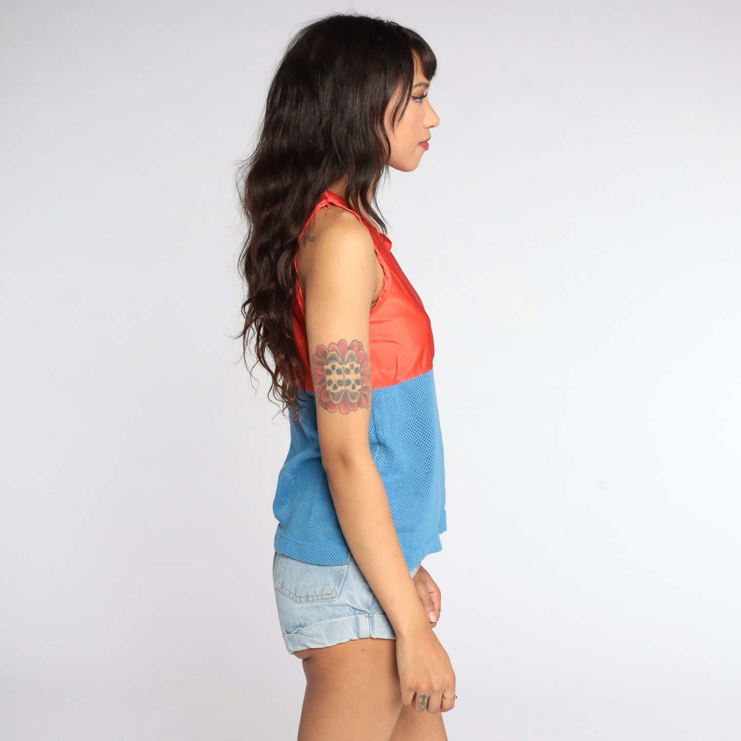 80s Aspen Mesh Tank Top Sheer Nylon Orange Blue Colourblock Small