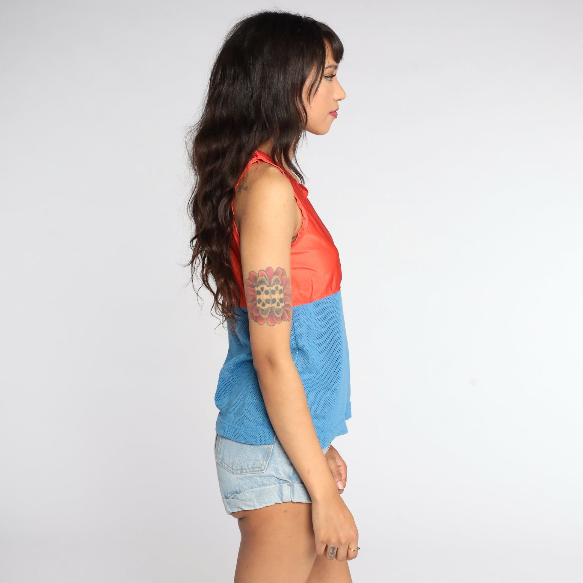 80s Aspen Mesh Tank Top Sheer Nylon Orange Blue Colourblock Small