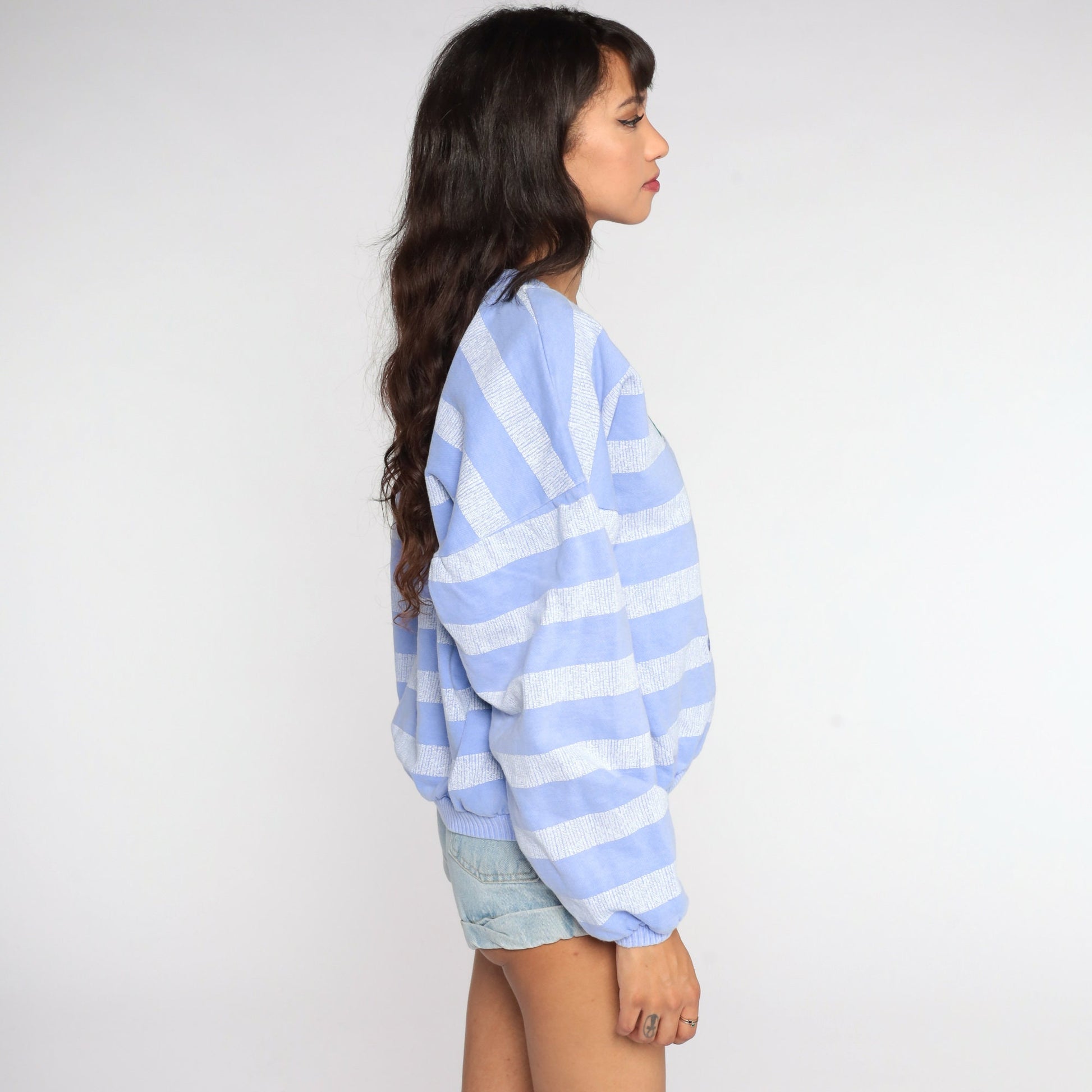 90s Purple Striped Leaf Graphic Sweatshirt Cotton Crewneck Large L
