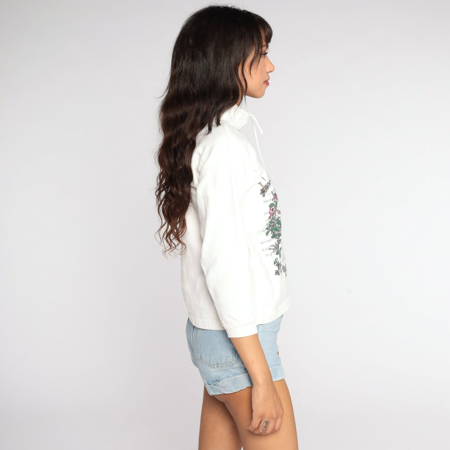 90s L'Art Du Fleur French Floral Graphic Tee Drawstring Neck Long Sleeve Extra Small