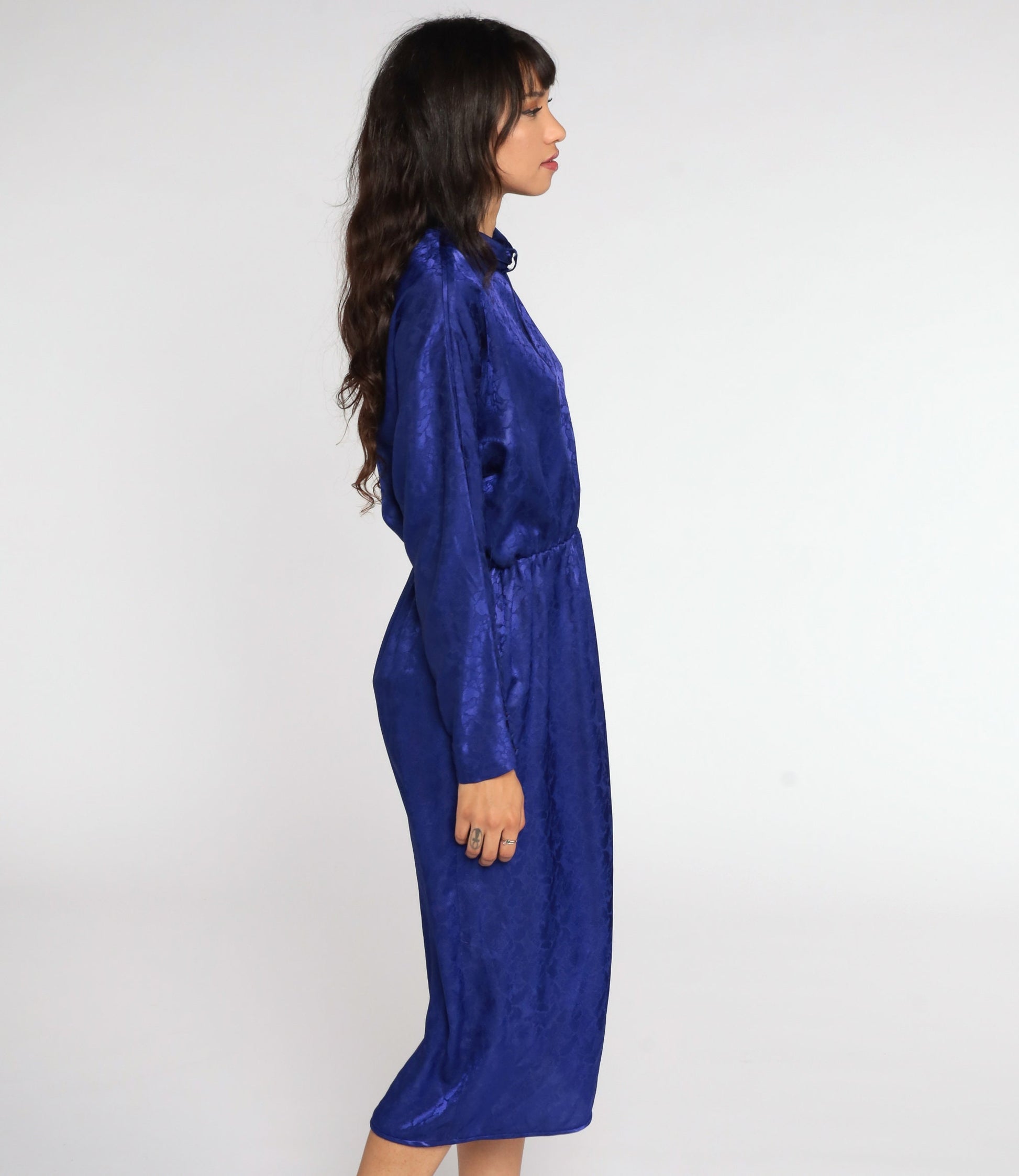 80s Purple Keyhole Midi Sheath Dress Long Sleeve Fitted Small Medium
