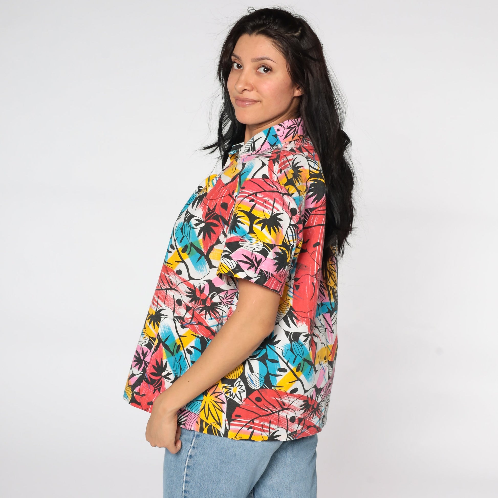 80s Tropical Leaf Print Button Up Shirt Short Sleeve Blouse Extra Large XL