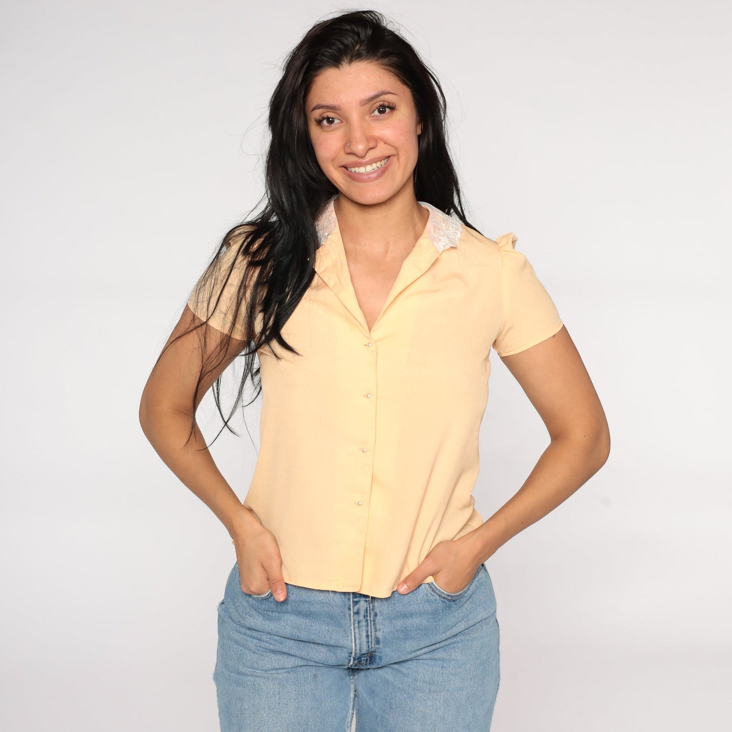 80s Peach Puff Sleeve Blouse Lace Collar Button Up Shirt Small