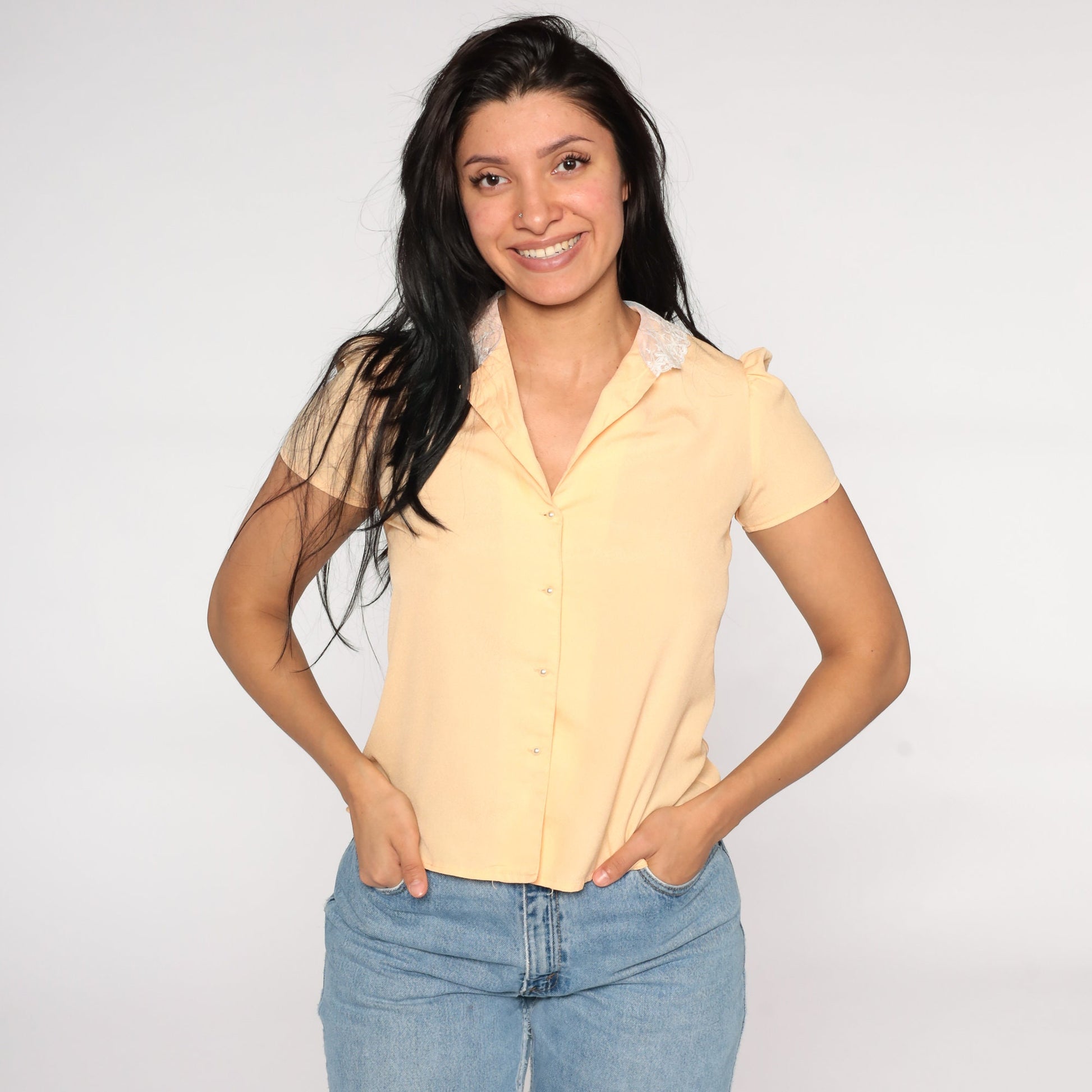 80s Peach Puff Sleeve Blouse Lace Collar Button Up Shirt Small