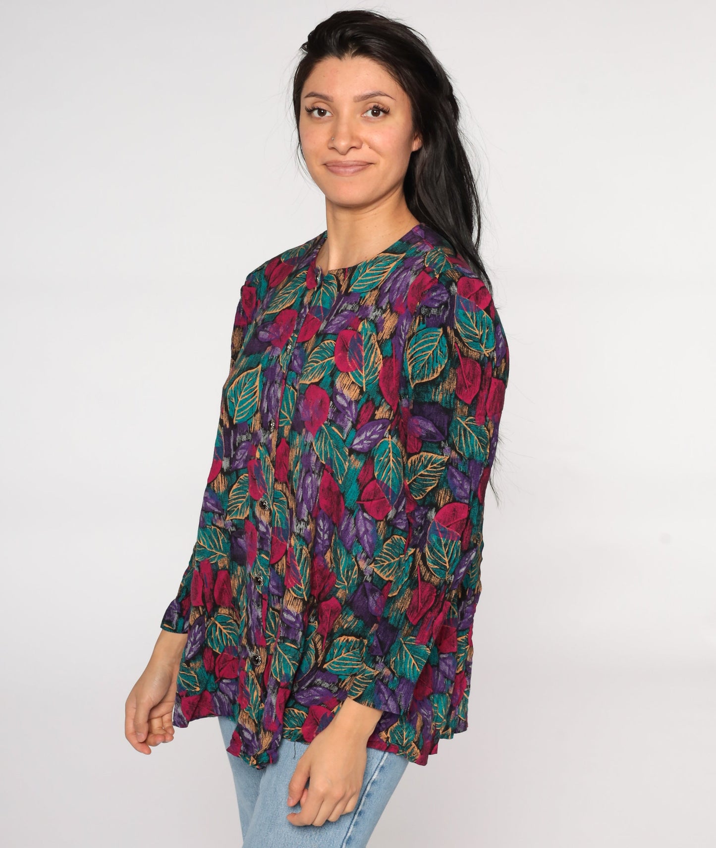 80s Leaf Print Button Up Shirt Purple Pink Rayon Blouse Large