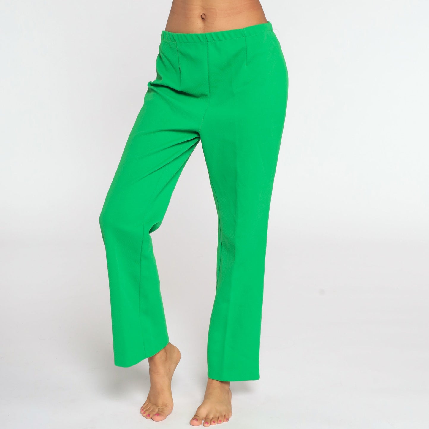 70s Green High Waist Bell Bottom Trousers Polyester Flared Medium Large