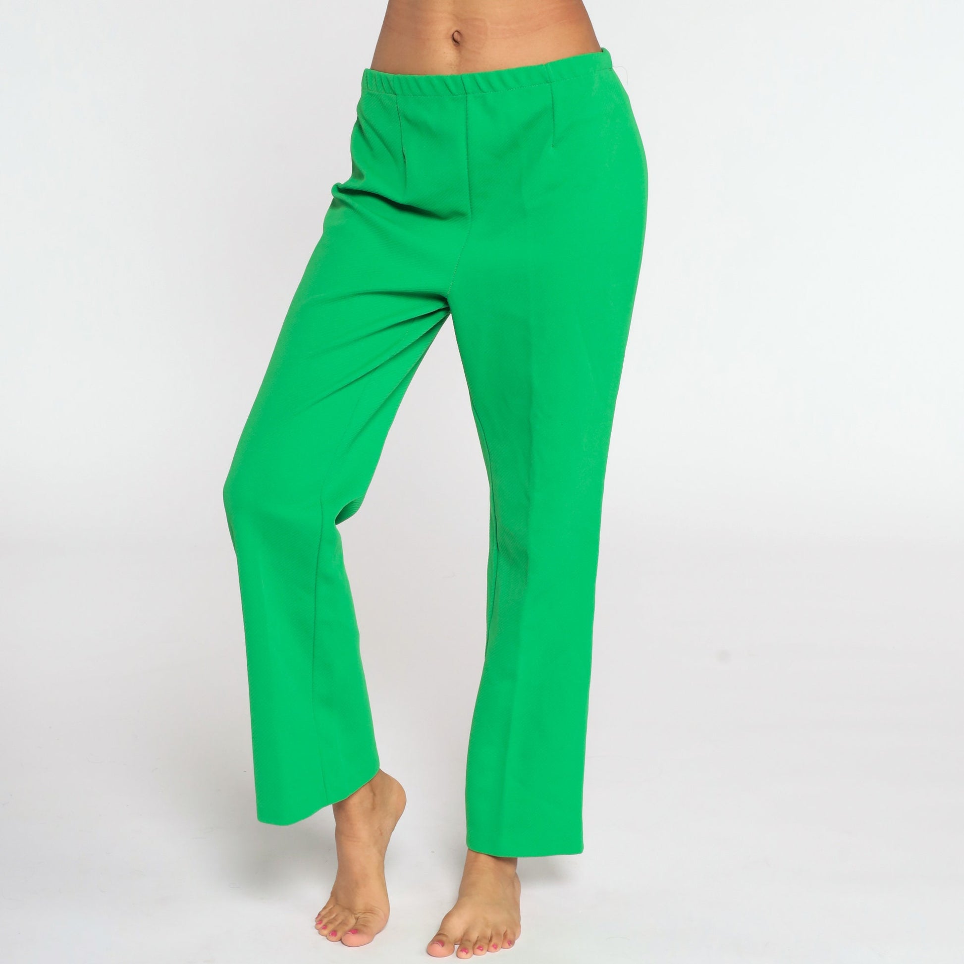 70s Green High Waist Bell Bottom Trousers Polyester Flared Medium Large