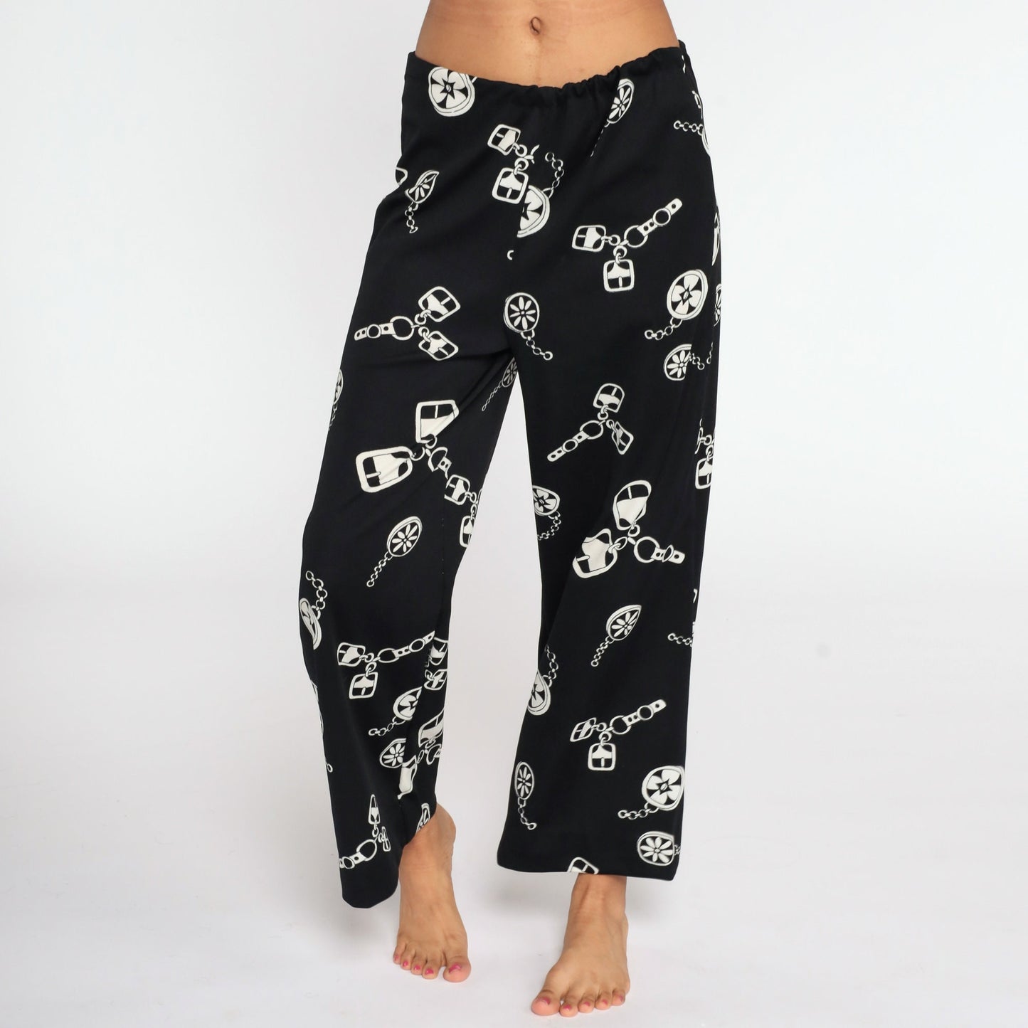 70s Black White Chain Print High Waist Bell Bottom Trousers Medium