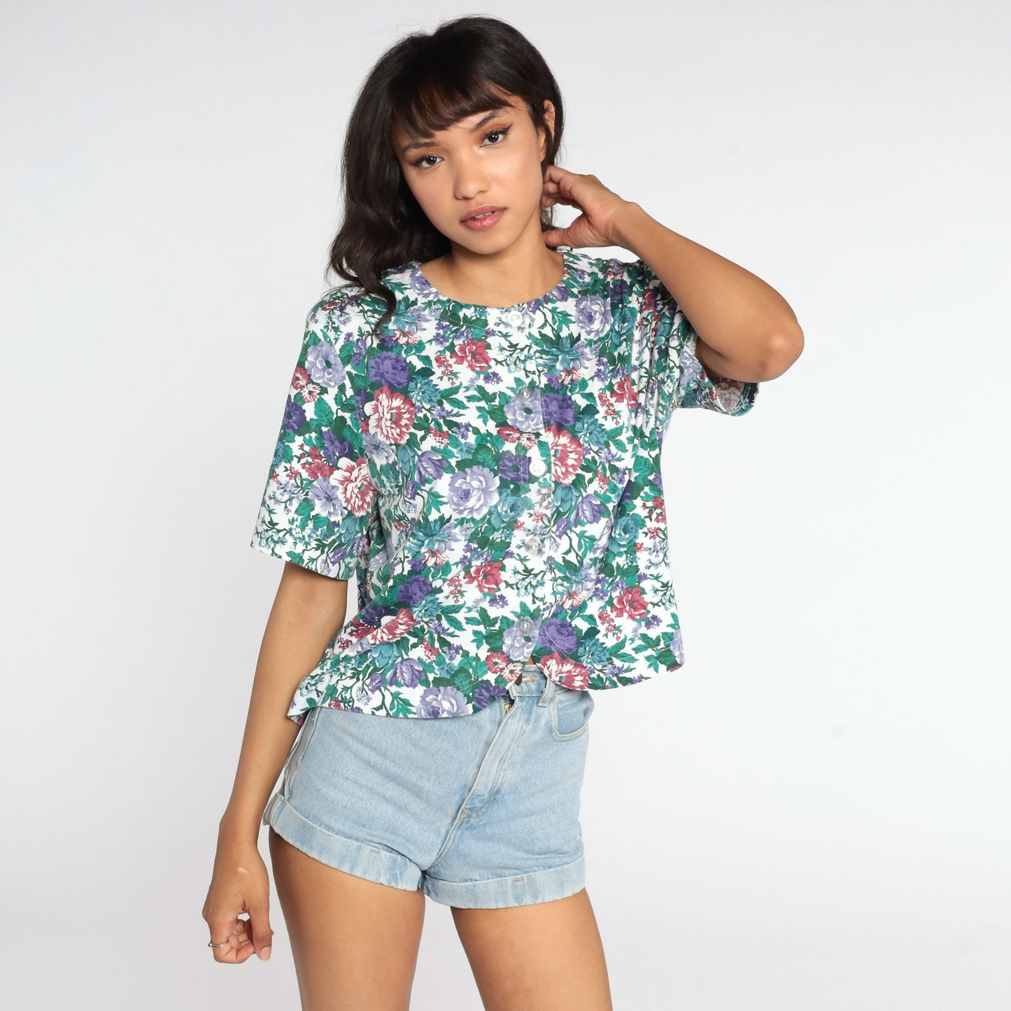 80s Floral Button-Up Blouse Short Sleeve Shirt Cotton Blend Large L