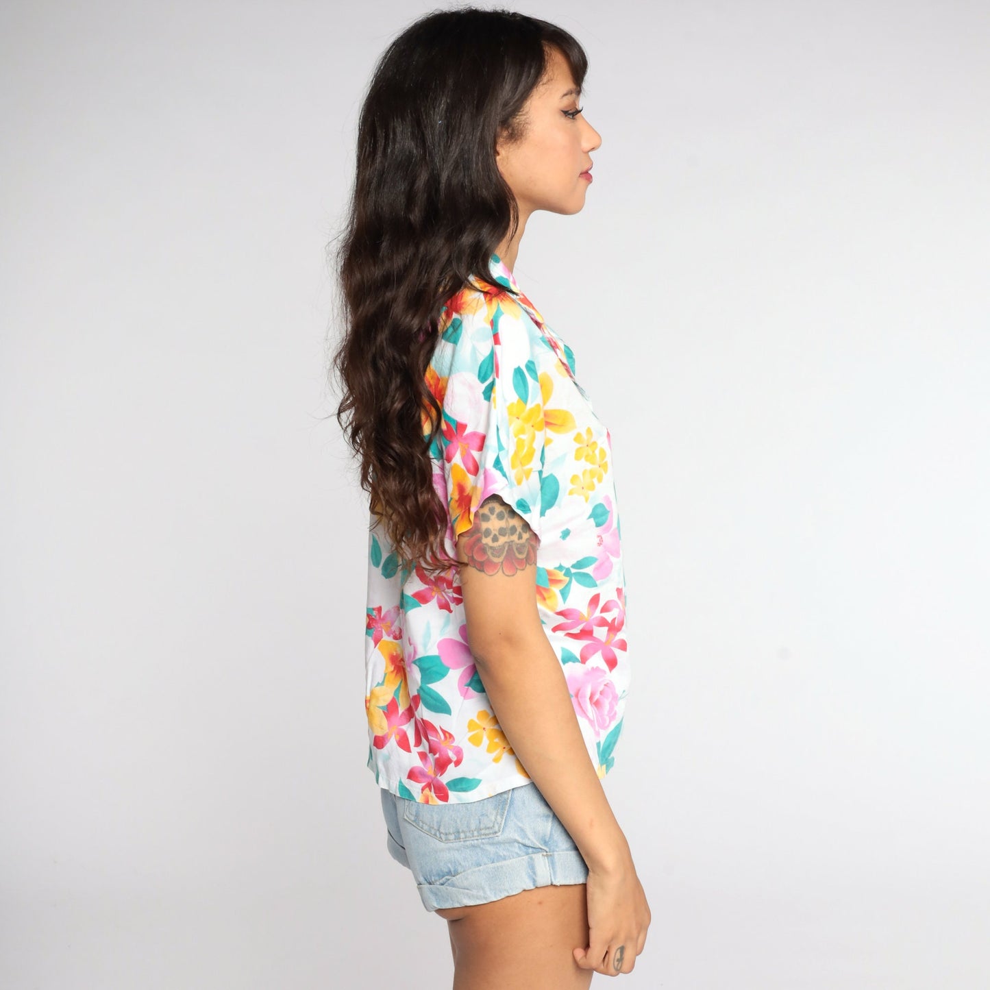 80s Diane von Furstenberg Tropical Floral Button-Up Blouse White Medium