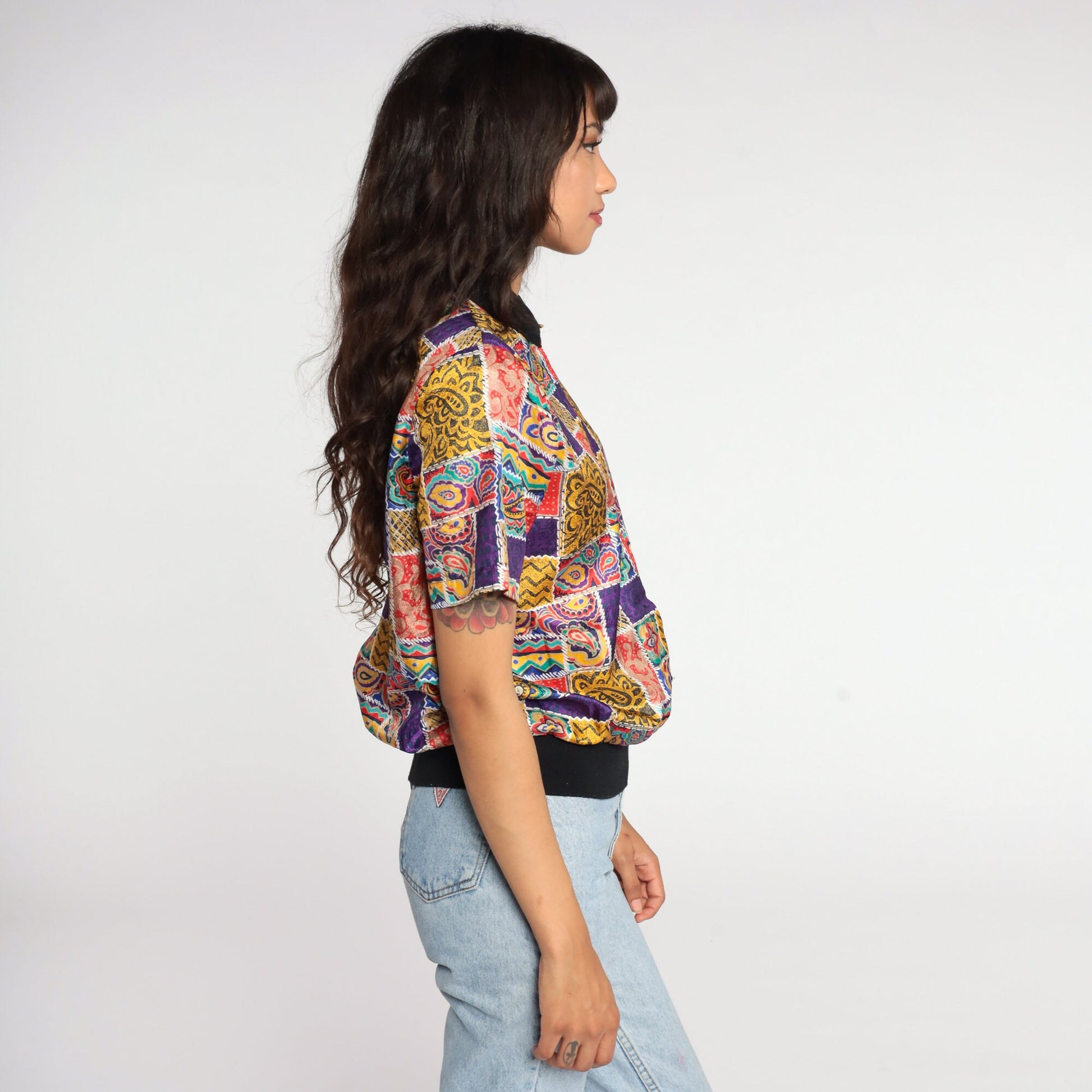 90s Paisley Print Button-Up Shirt Short Sleeve Blouse Medium