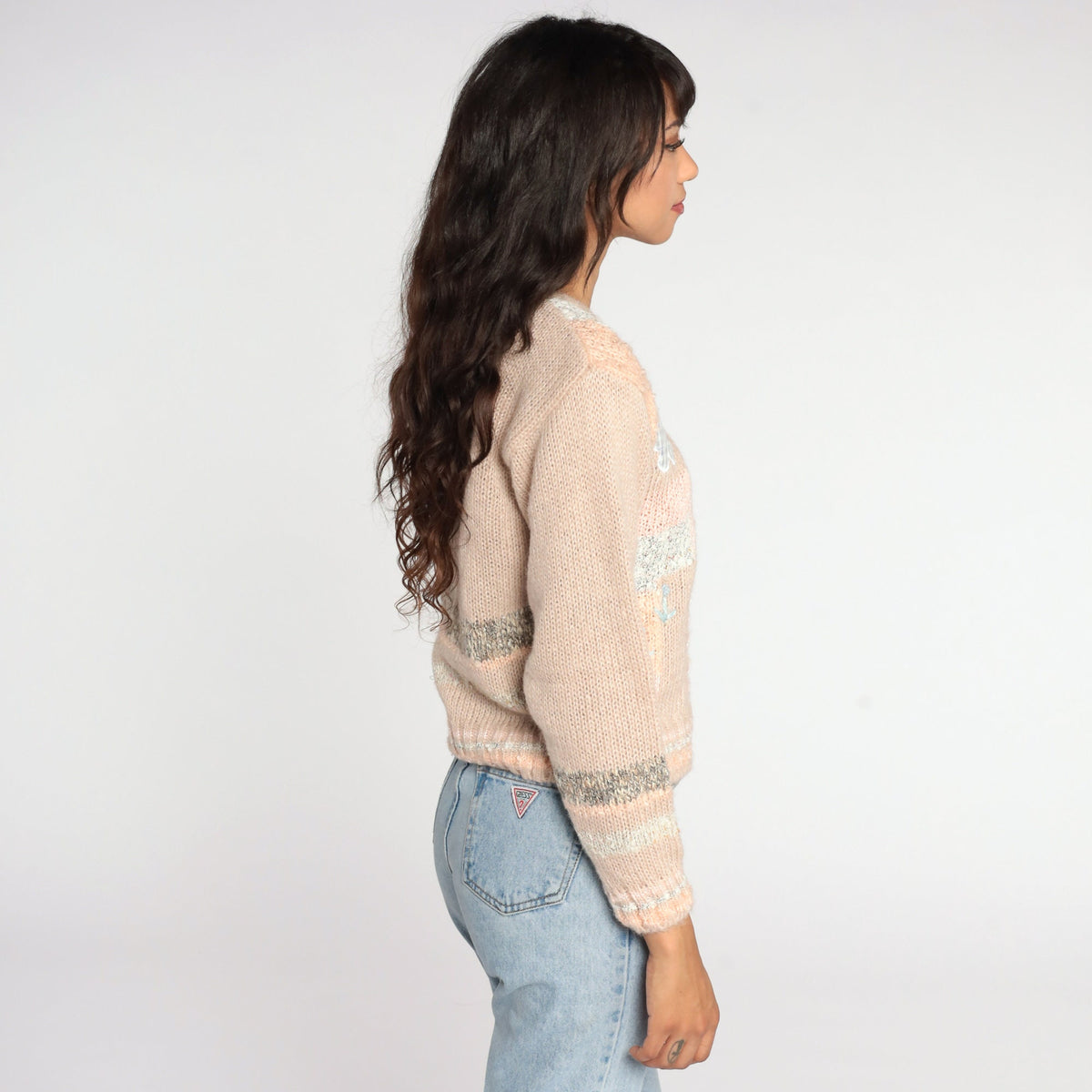 80s Patchwork Floral Embroidered Sweater Peach Wool Blend Small