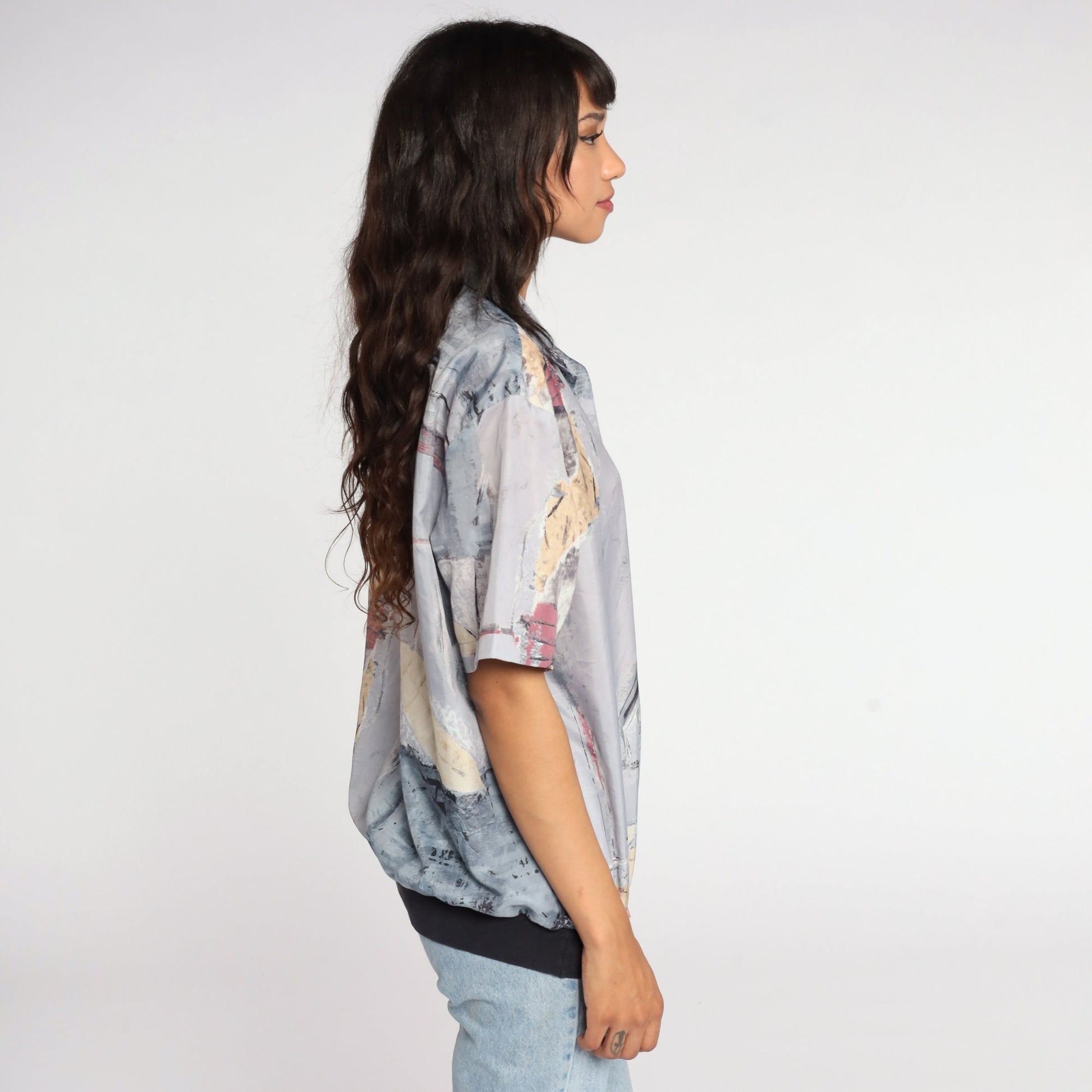 80s Abstract Brushstroke Button-Up Shirt Grey Polyester Blouse Large