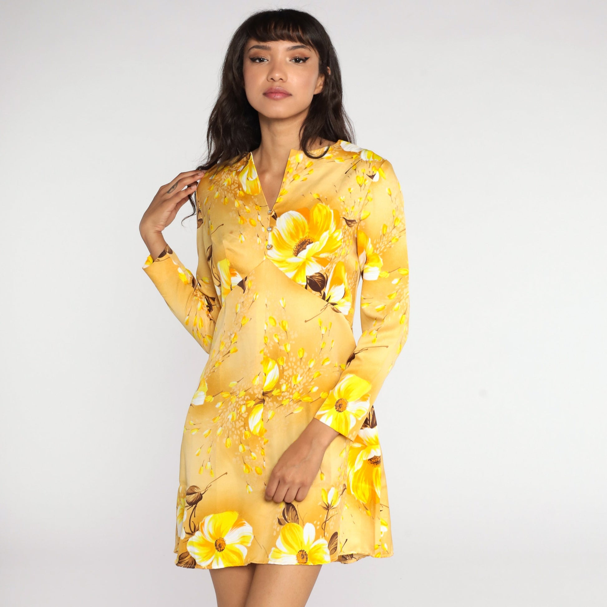 60s Yellow Floral Babydoll Dress Empire Waist Mini Long Sleeve Medium