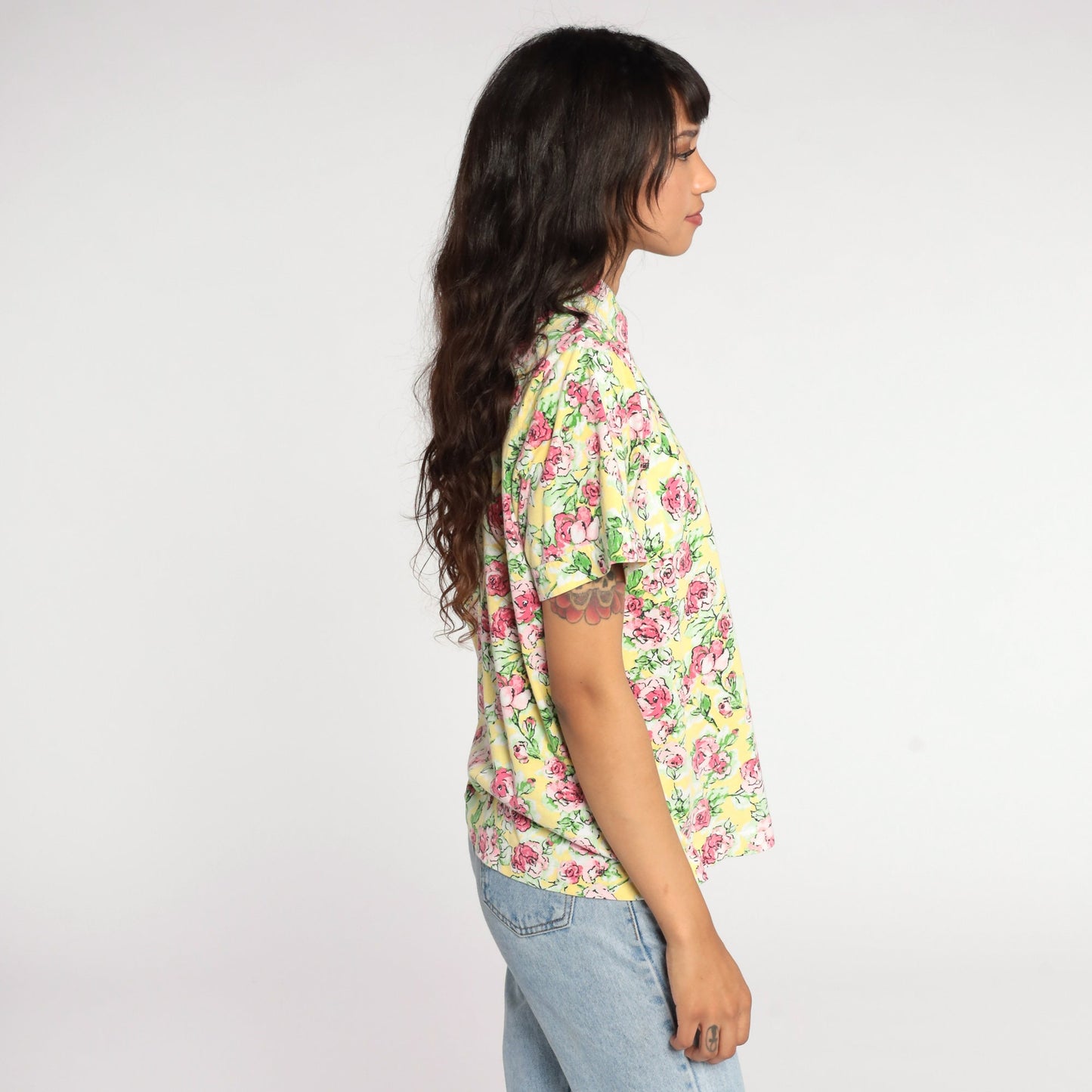 80s Yellow Floral Button-Up Blouse Short Sleeve Pink Rose Print Medium