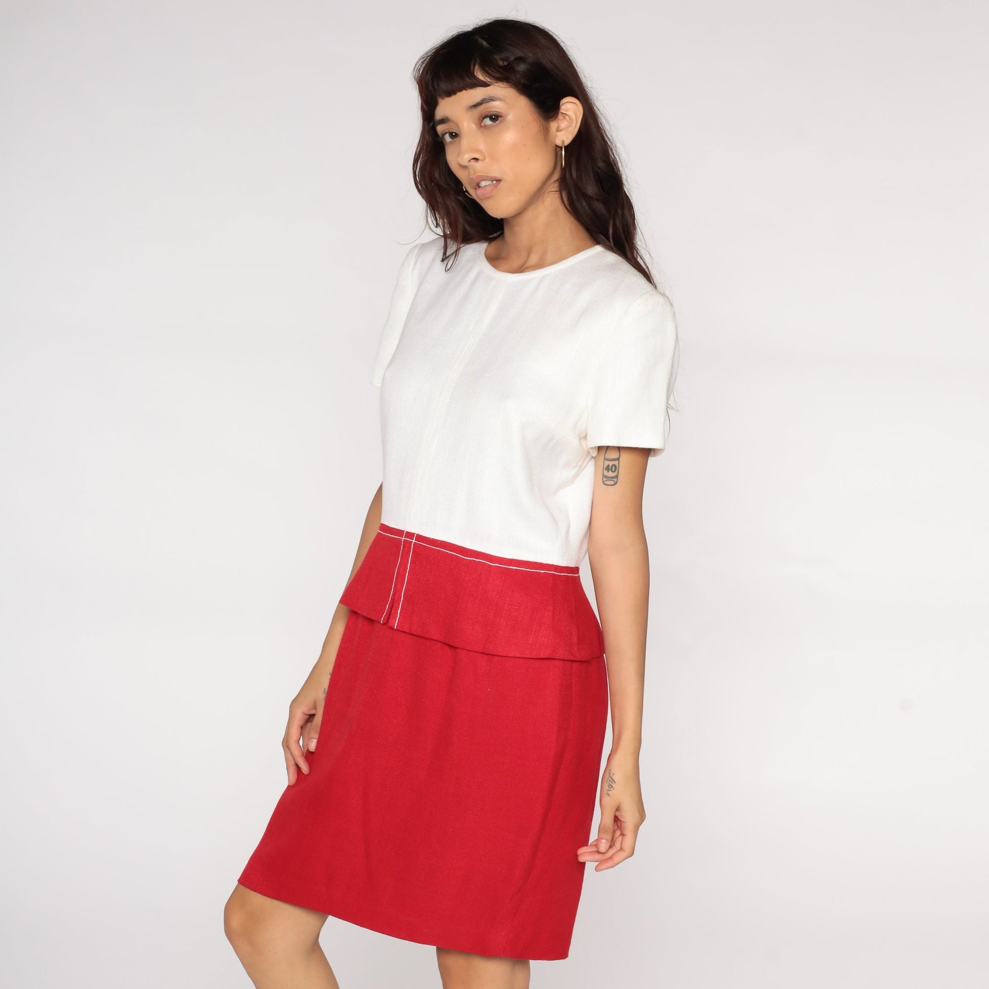 80s Red White Colour Block Pencil Dress High Waist Mini Short Sleeve Medium