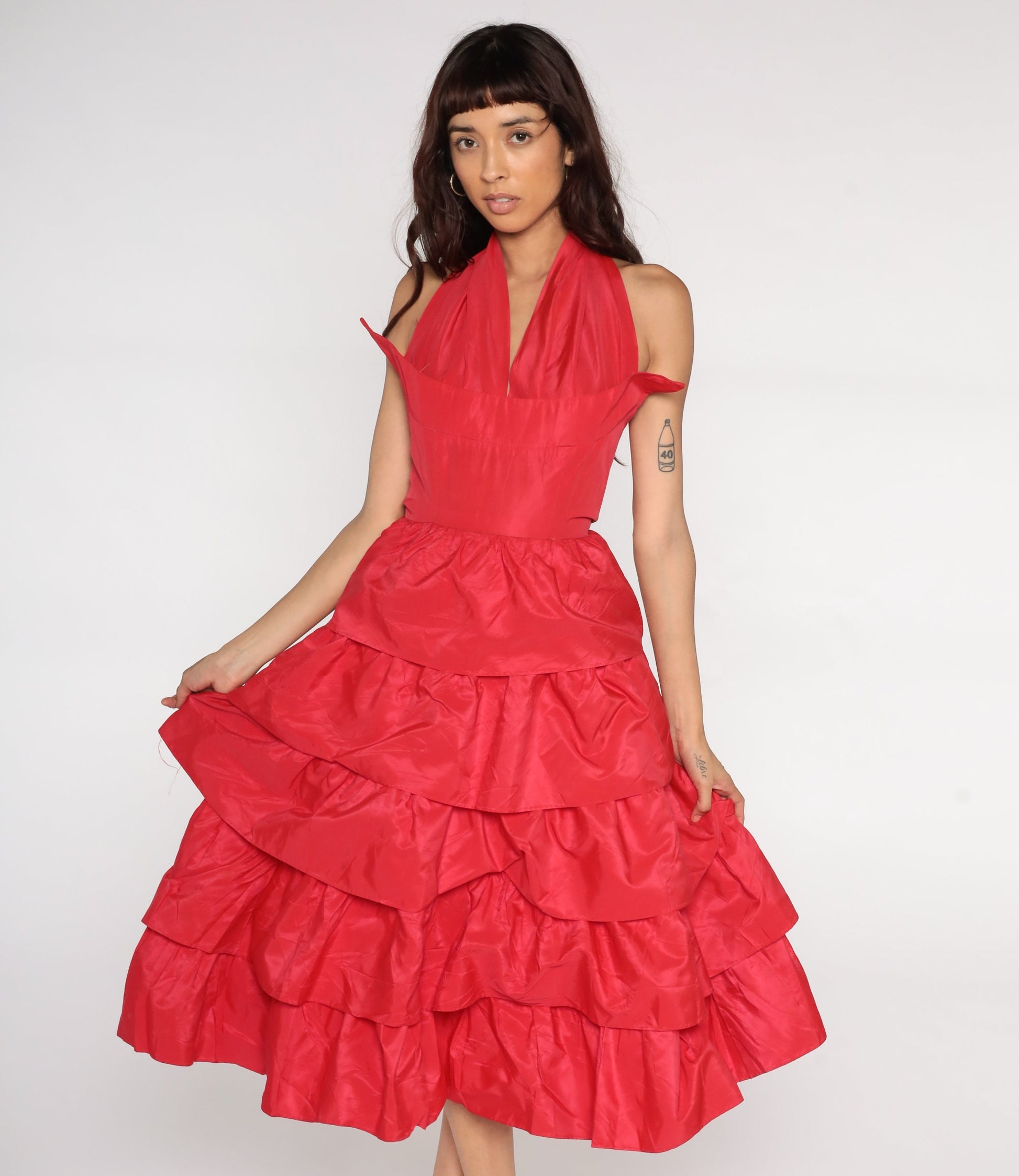 50s Red Halter Party Dress Tiered Skirt V Neck Tea Length Extra Small