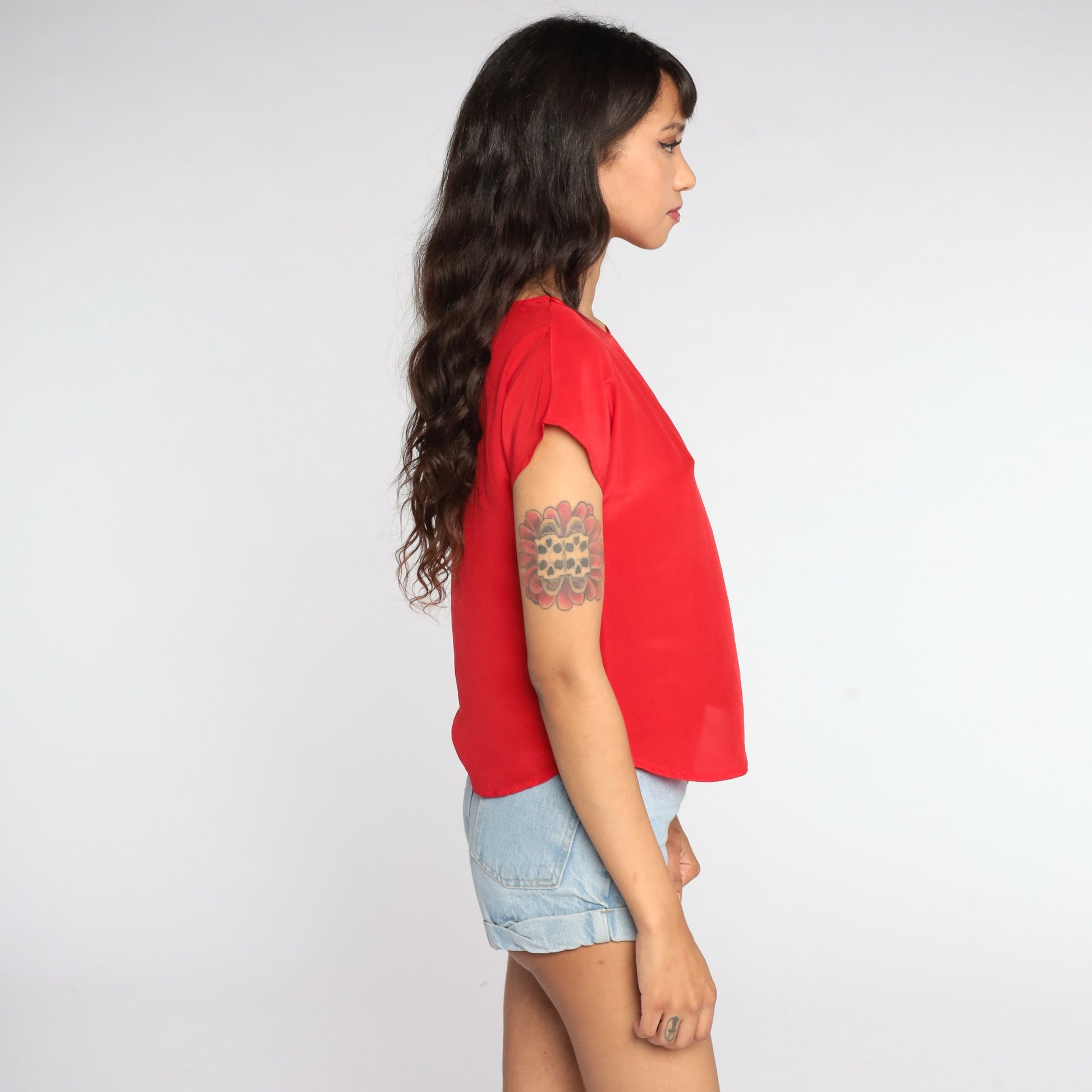 80s Red Silk Short Sleeve Blouse Jonathan Martin Small S