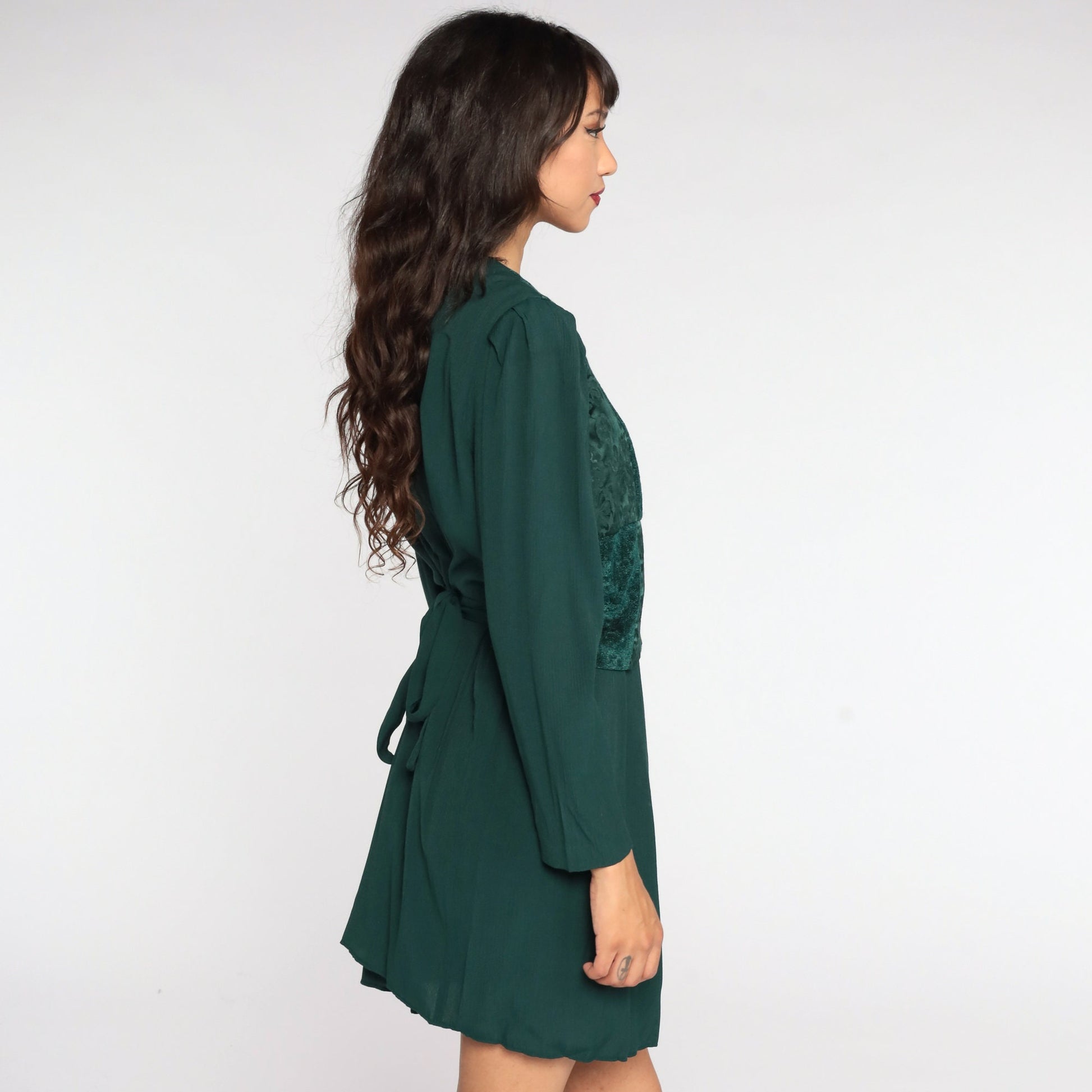 80s Green Mini Dress Button-Up Puff Sleeve Floral Embossed Large L