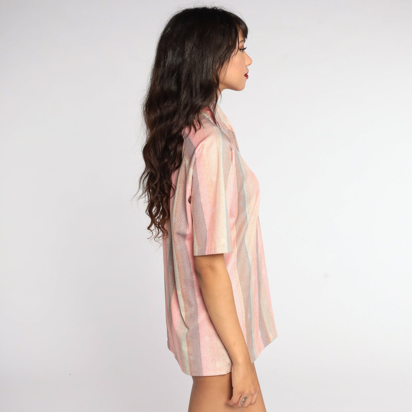 70s Pink Striped Polo Shirt Half Button Dagger Collar Large