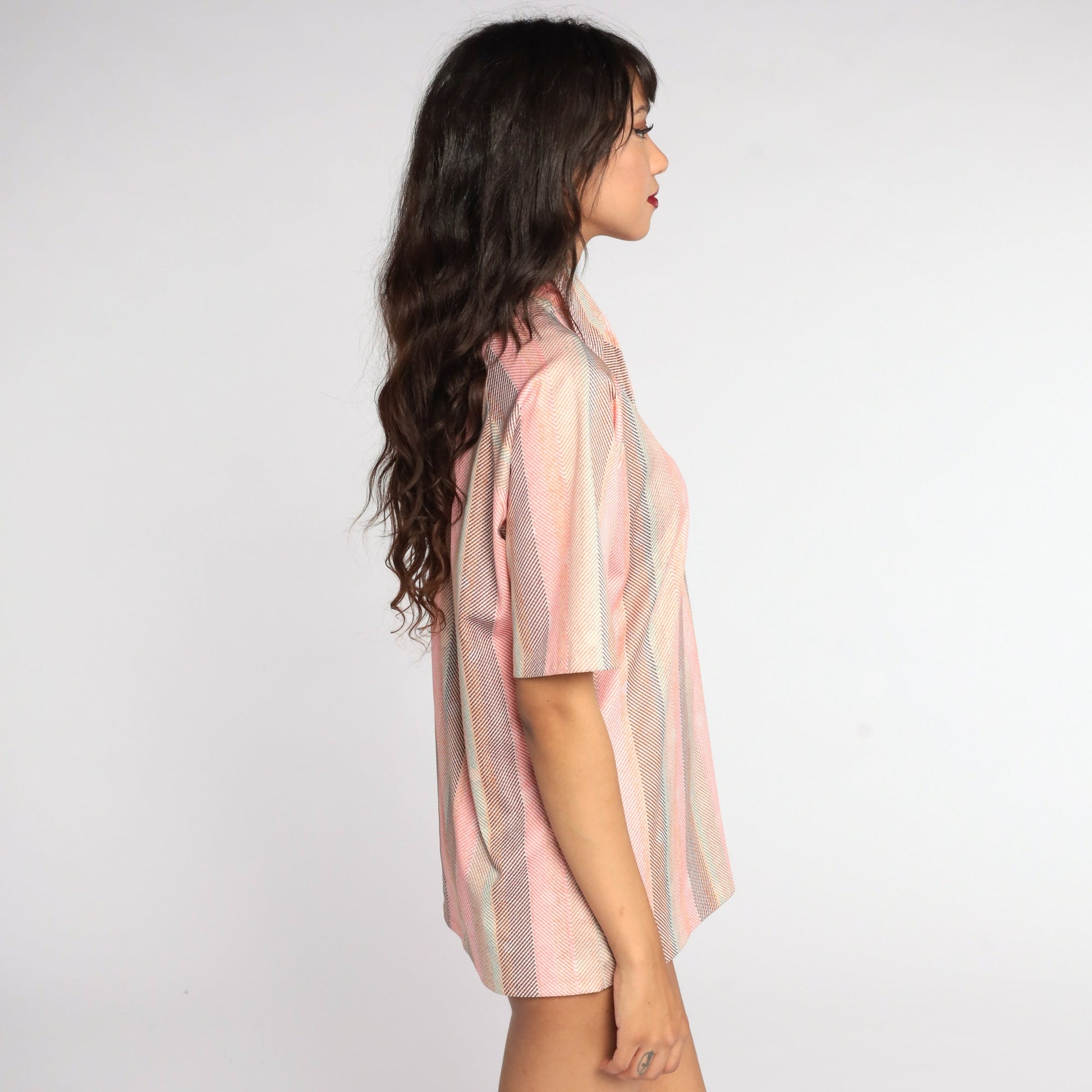 70s Pink Striped Polo Shirt Half Button Dagger Collar Large