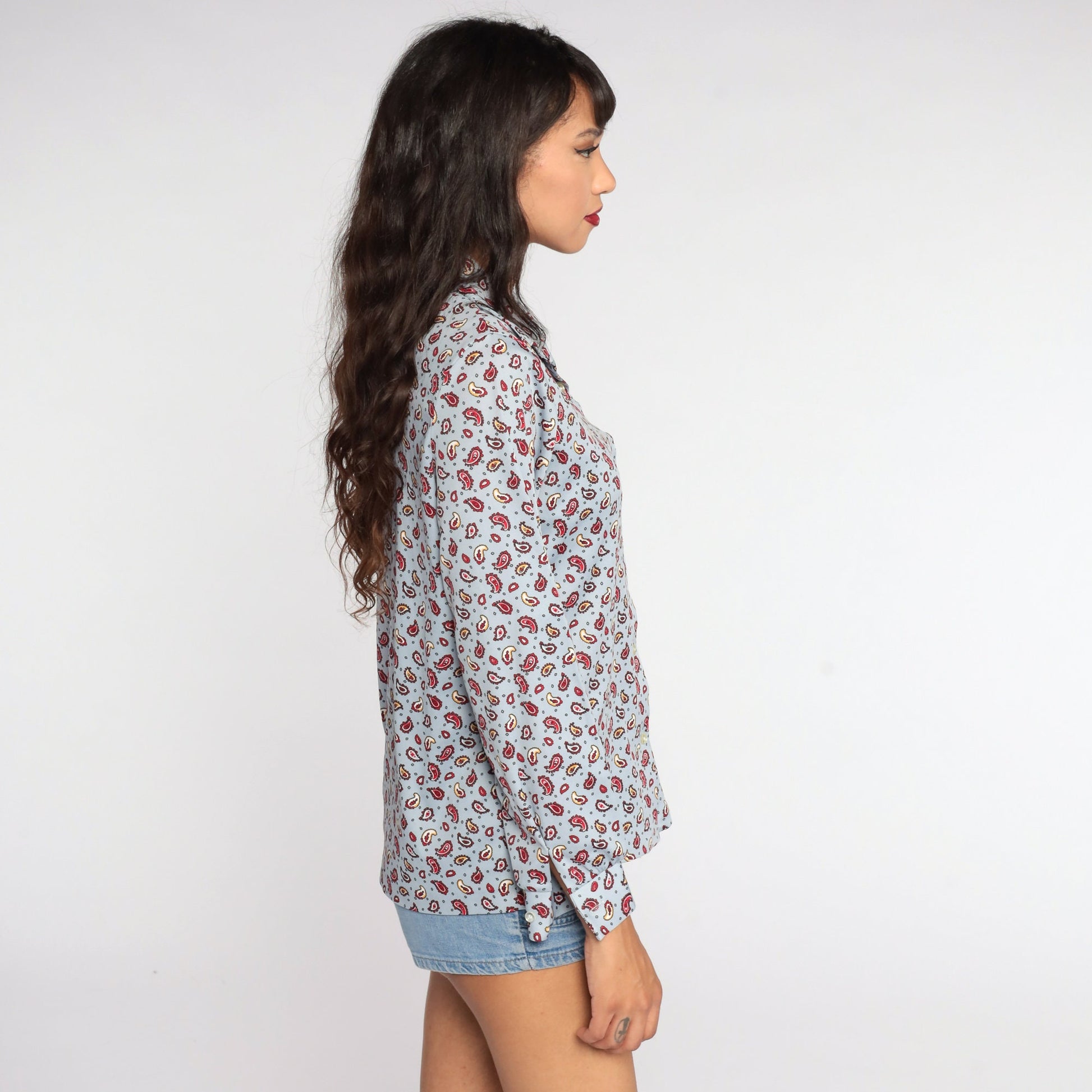 70s Paisley Print Blouse Blue Long Sleeve Button Up Medium