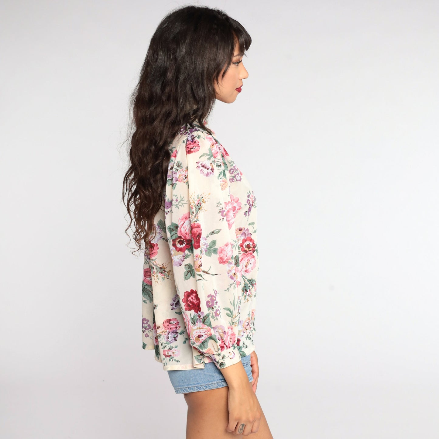 80s Floral Keyhole Blouse Puff Sleeve Semi-Sheer Medium