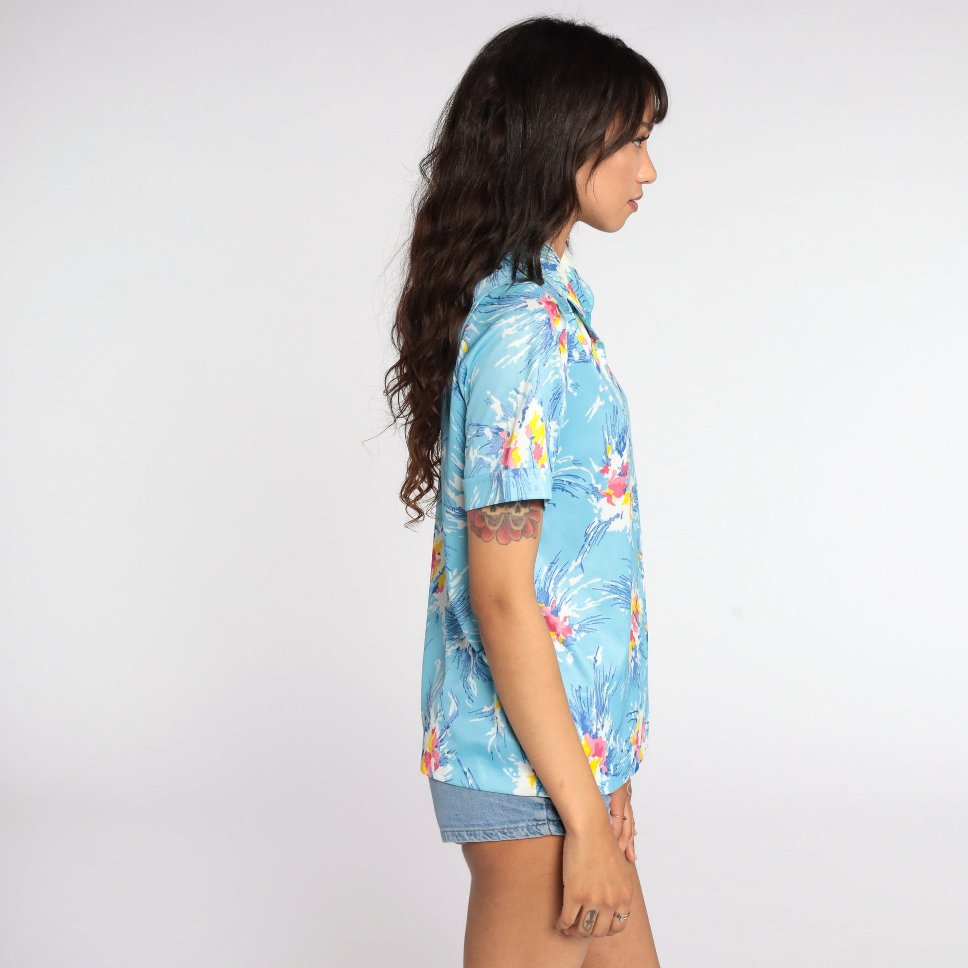 70s Abstract Floral Print Button-Up Blouse Pink Blue Short Sleeve Medium