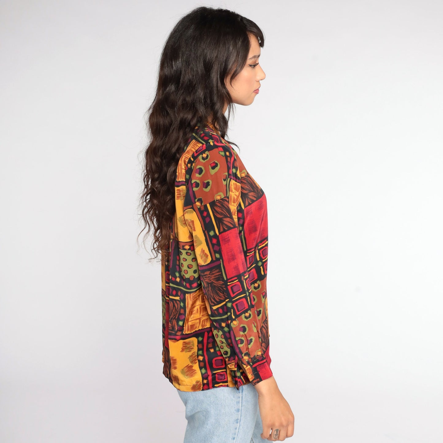 90s Geometric Print Button-Up Shirt Red Yellow Long Sleeve Medium Large