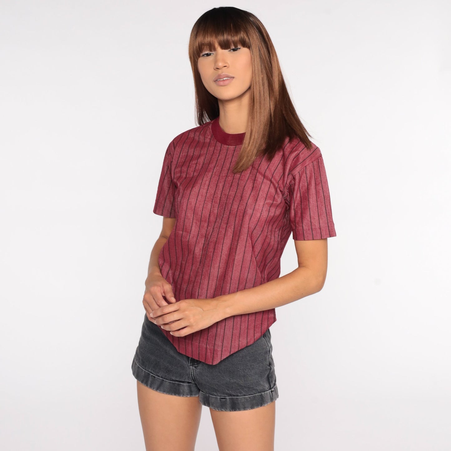 80s Striped Ringer T-Shirt Burgundy Minimalist Tee Small
