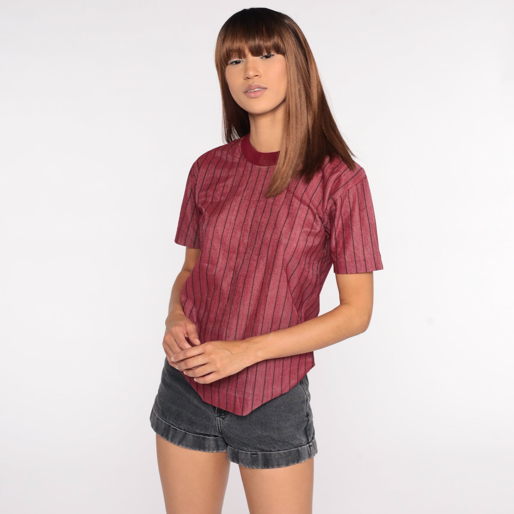 80s Striped Ringer T-Shirt Burgundy Minimalist Tee Small