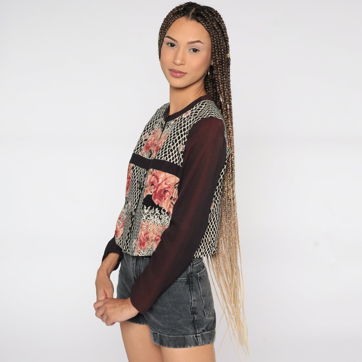 90s Black Floral Rayon Button-Up Shirt Long Sleeve Blouse Small