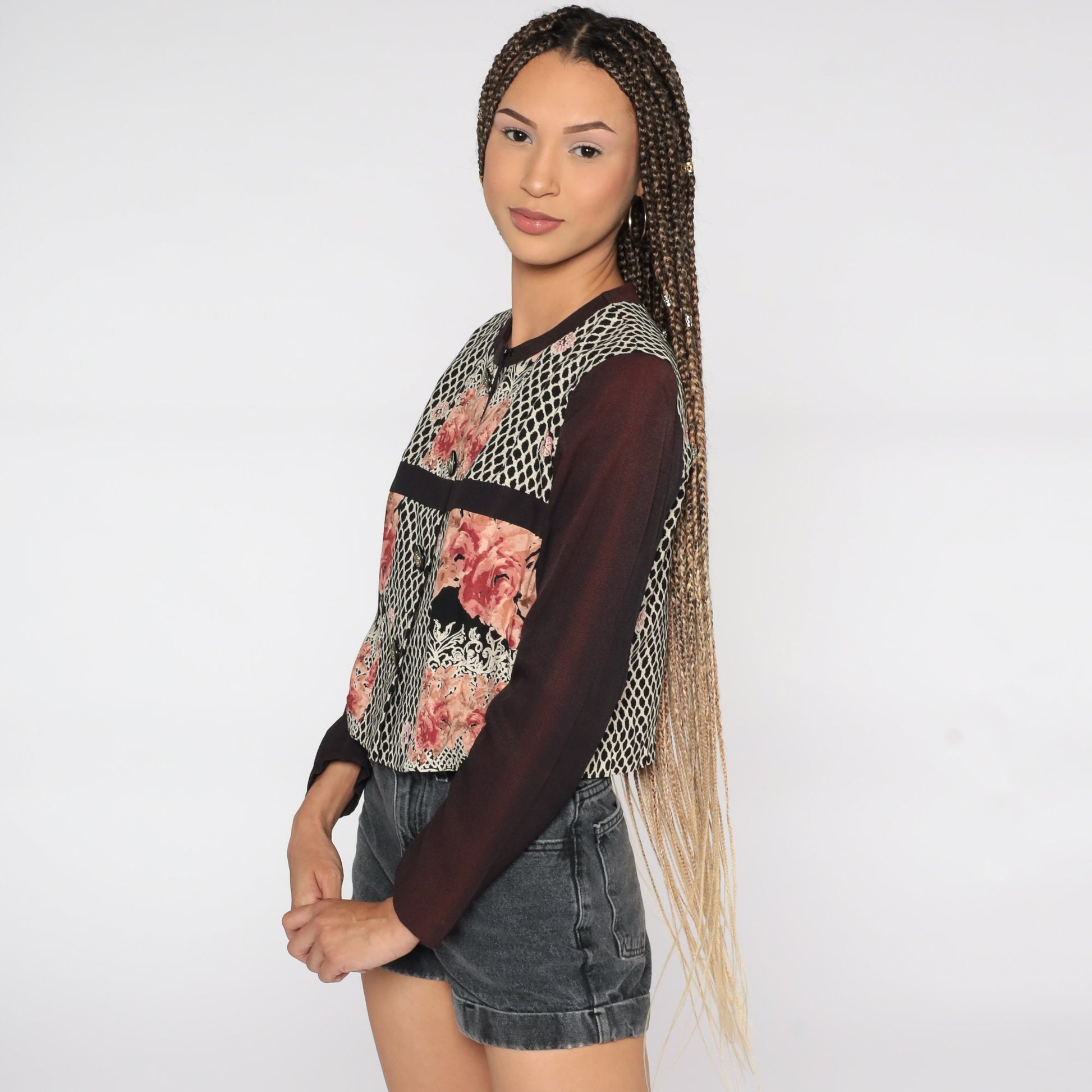 90s Black Floral Rayon Button-Up Shirt Long Sleeve Blouse Small