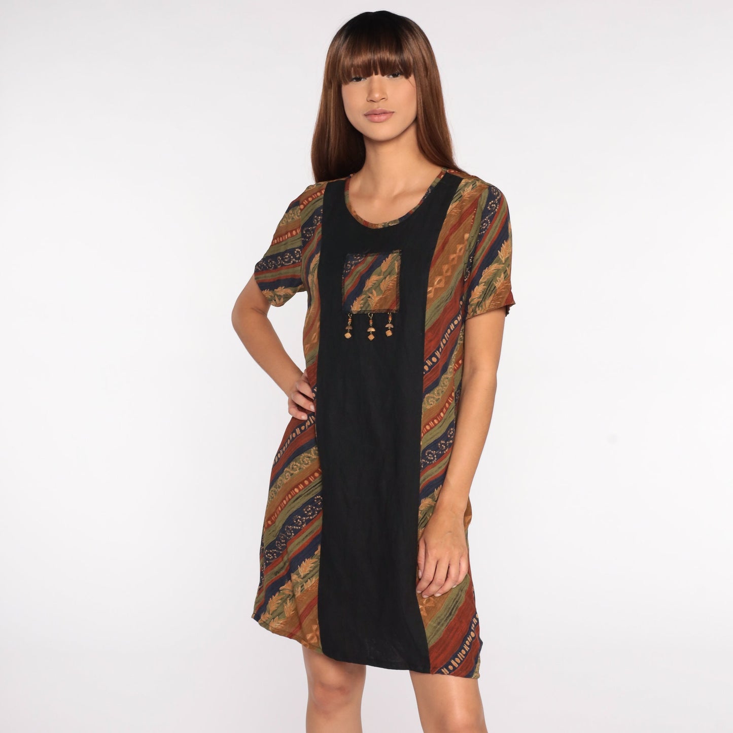 90s Striped Mini Dress Beaded Chest Black Shift Small S
