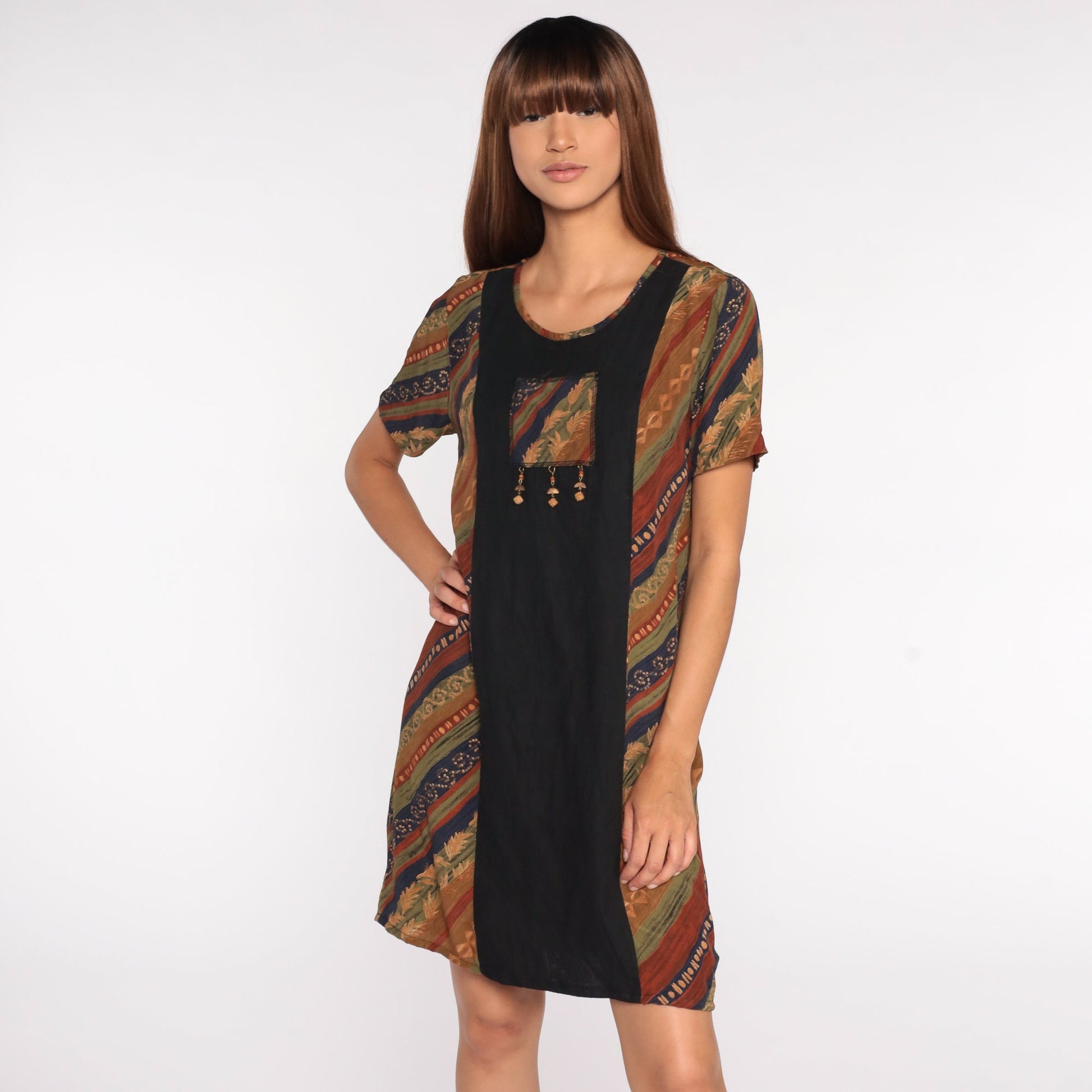 90s Striped Mini Dress Beaded Chest Black Shift Small S