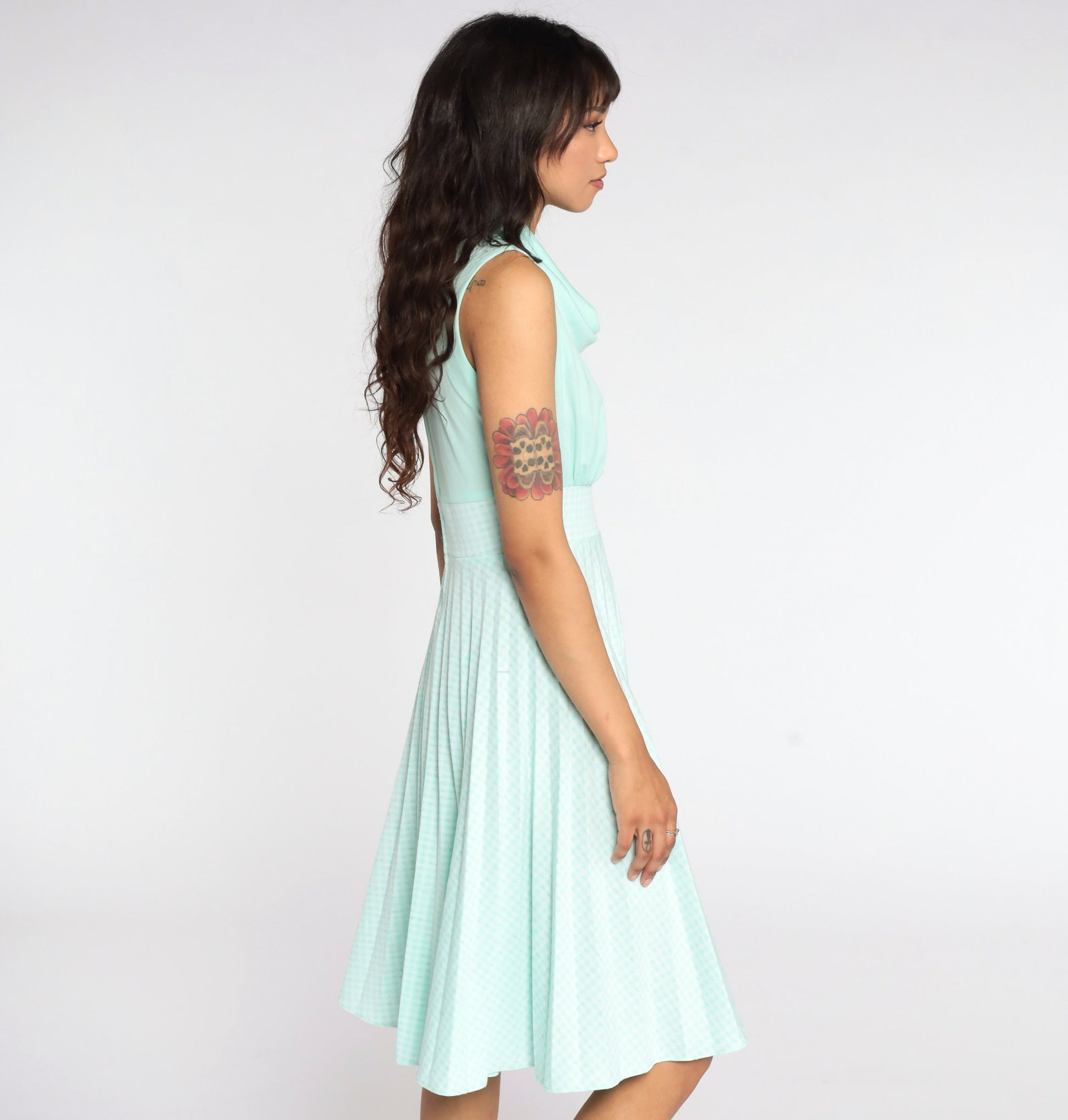 70s Mint Gingham Empire Waist Dress Cowl Neck Pleated Sleeveless Small