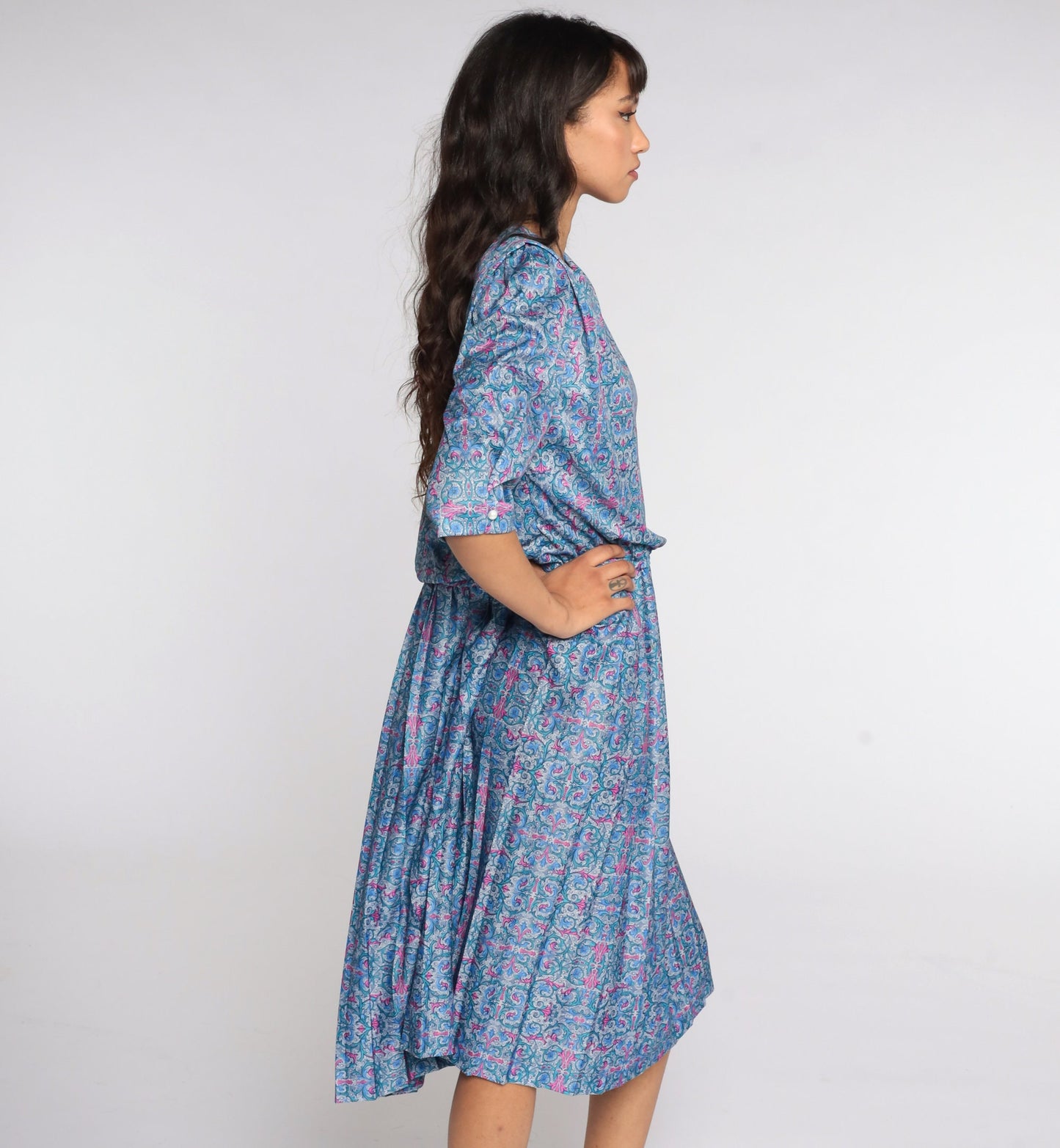 80s Blue Geometric Pleated Secretary Dress High Waist Midi 3/4 Sleeve Extra Large