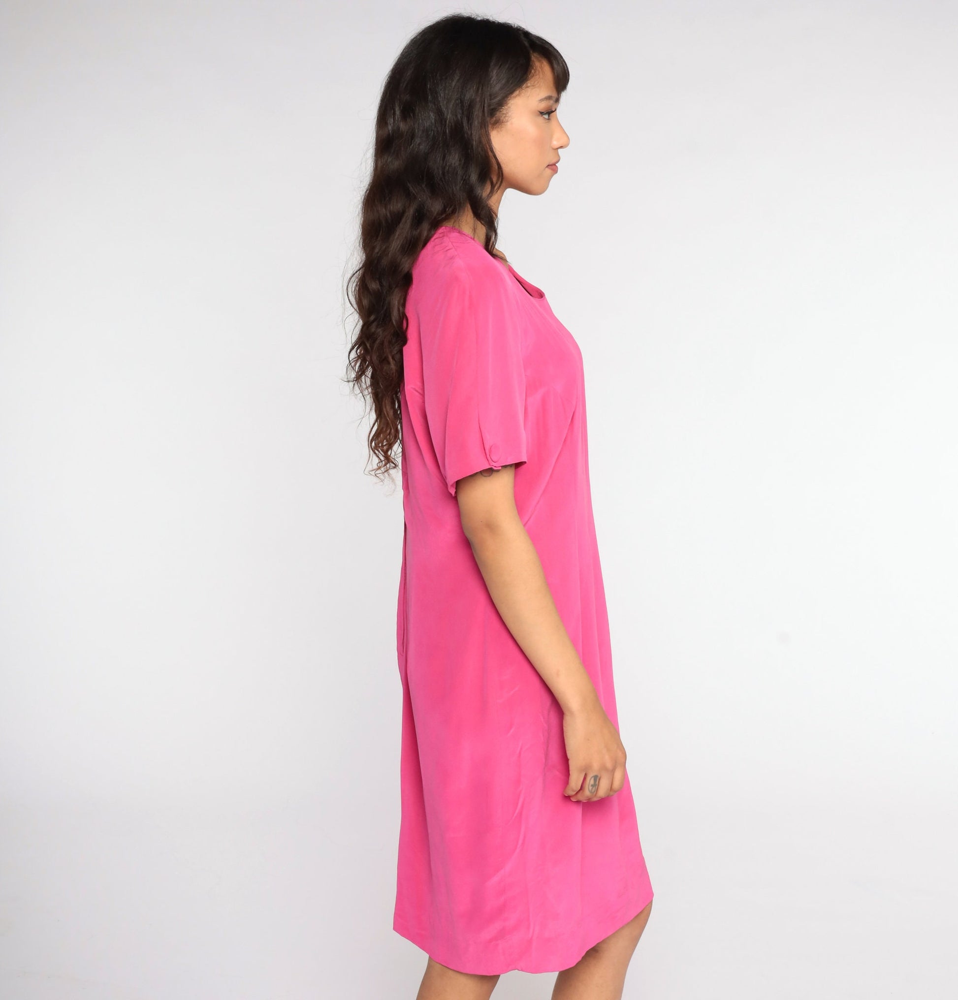 80s Pink Silk Sheath Dress Short Sleeve Mini Large