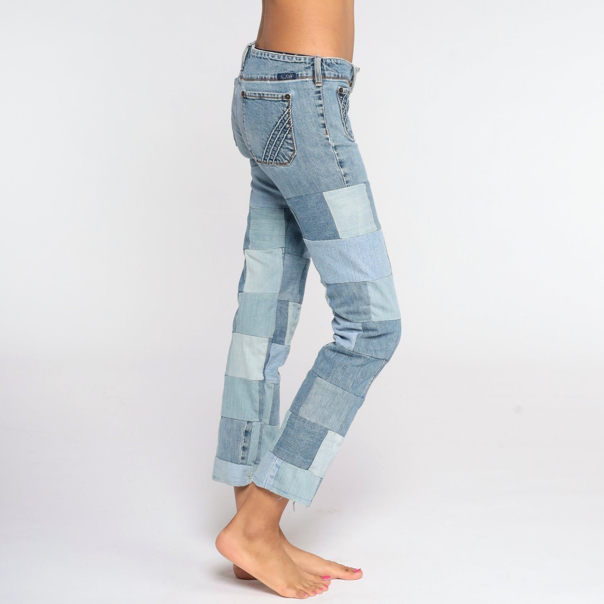 Y2K Silver Jeans Patchwork Denim Low Rise Straight Leg Extra Small XS