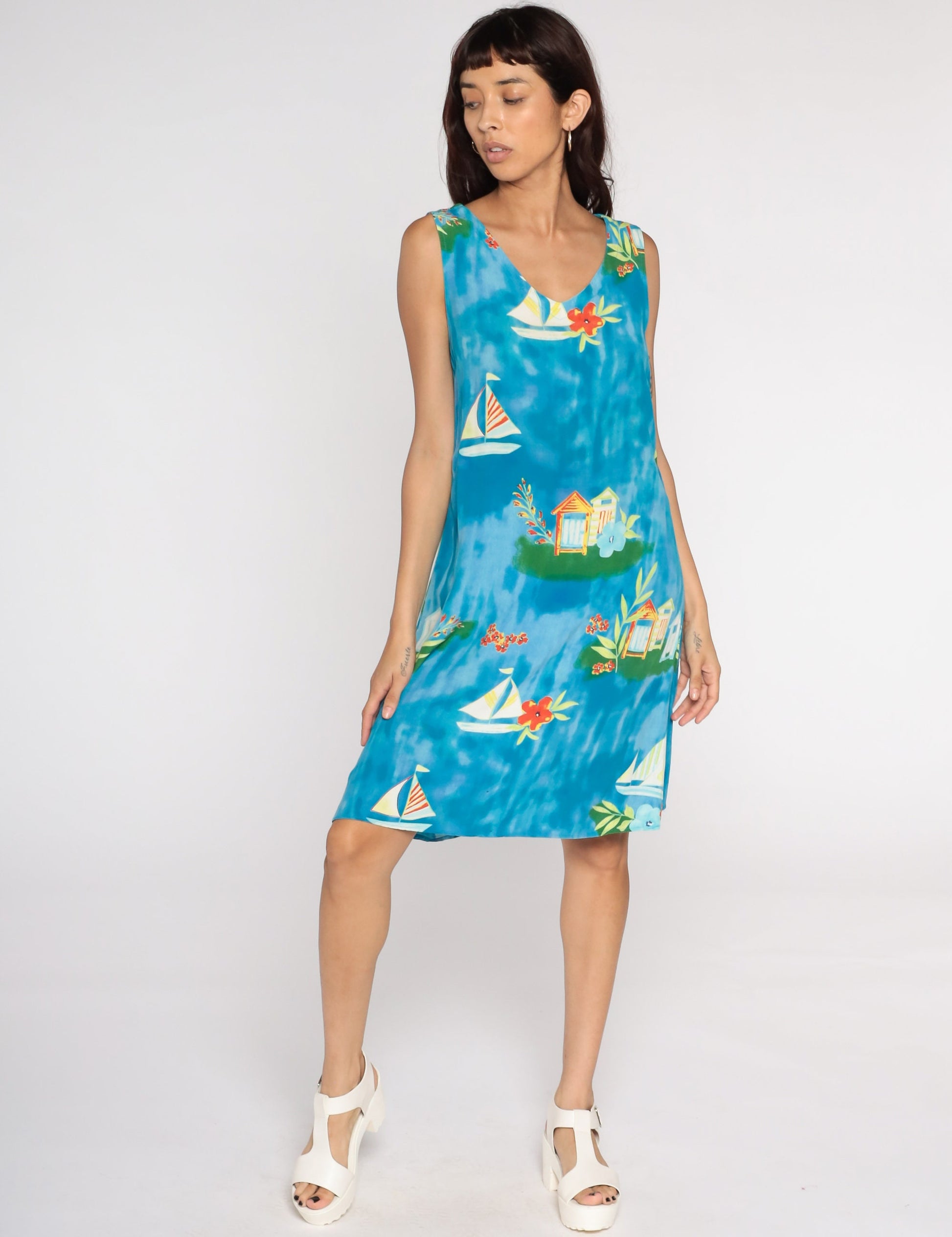 90s Sailboat Floral Mini Dress Sleeveless Shift Sundress Blue Medium