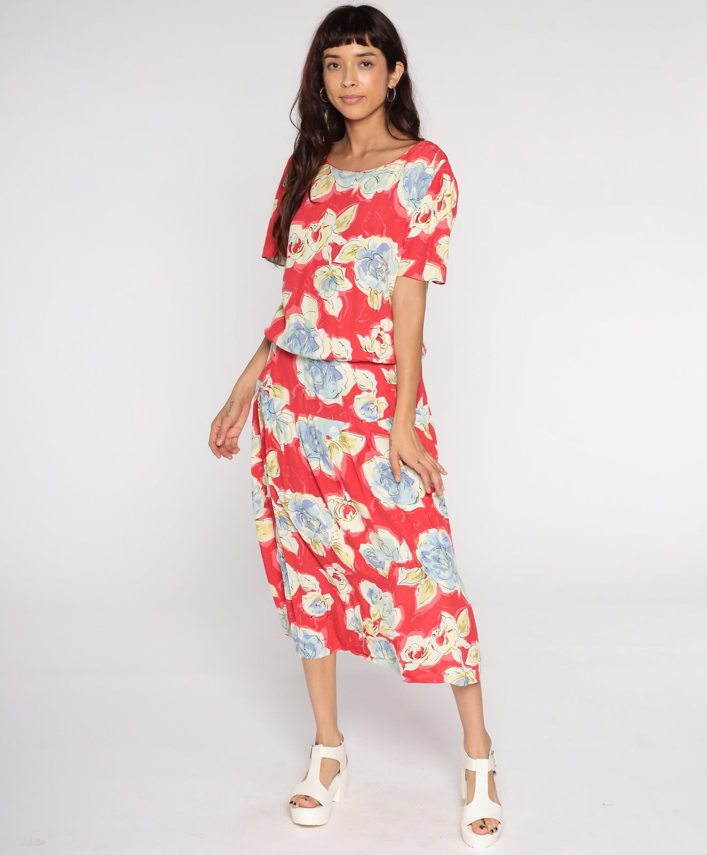 90s Red Floral Midi Dress Button Back Short Sleeve Vintage Medium